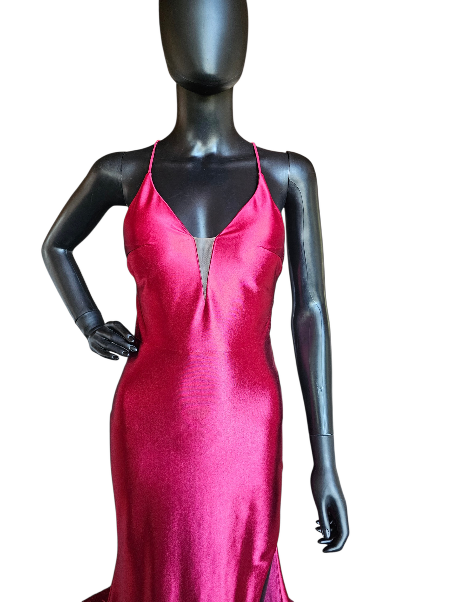 Red/Pink Stretch Plunge Halter Formal/Prom Dress - The Secret Room