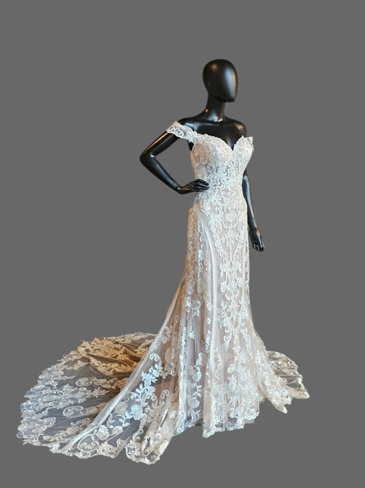 Nude/Ivory Lace Deco Off Shoulder Fitted Wedding Gown - Allure
