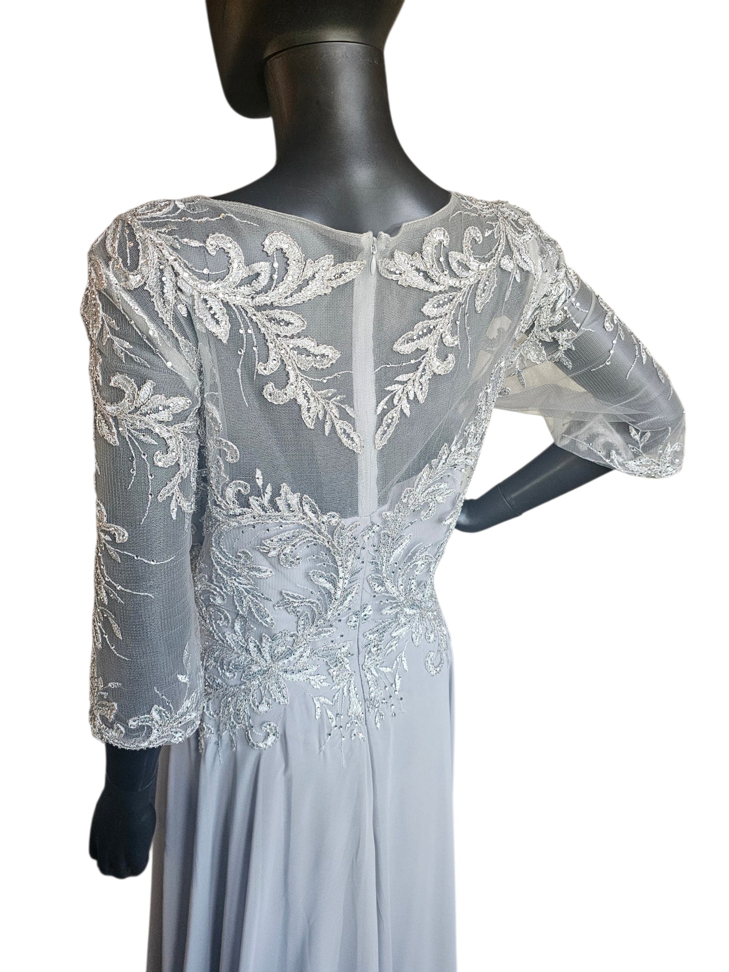 Silver Lace 3/4 Sleeve A-Line Formal Gown - MGNY