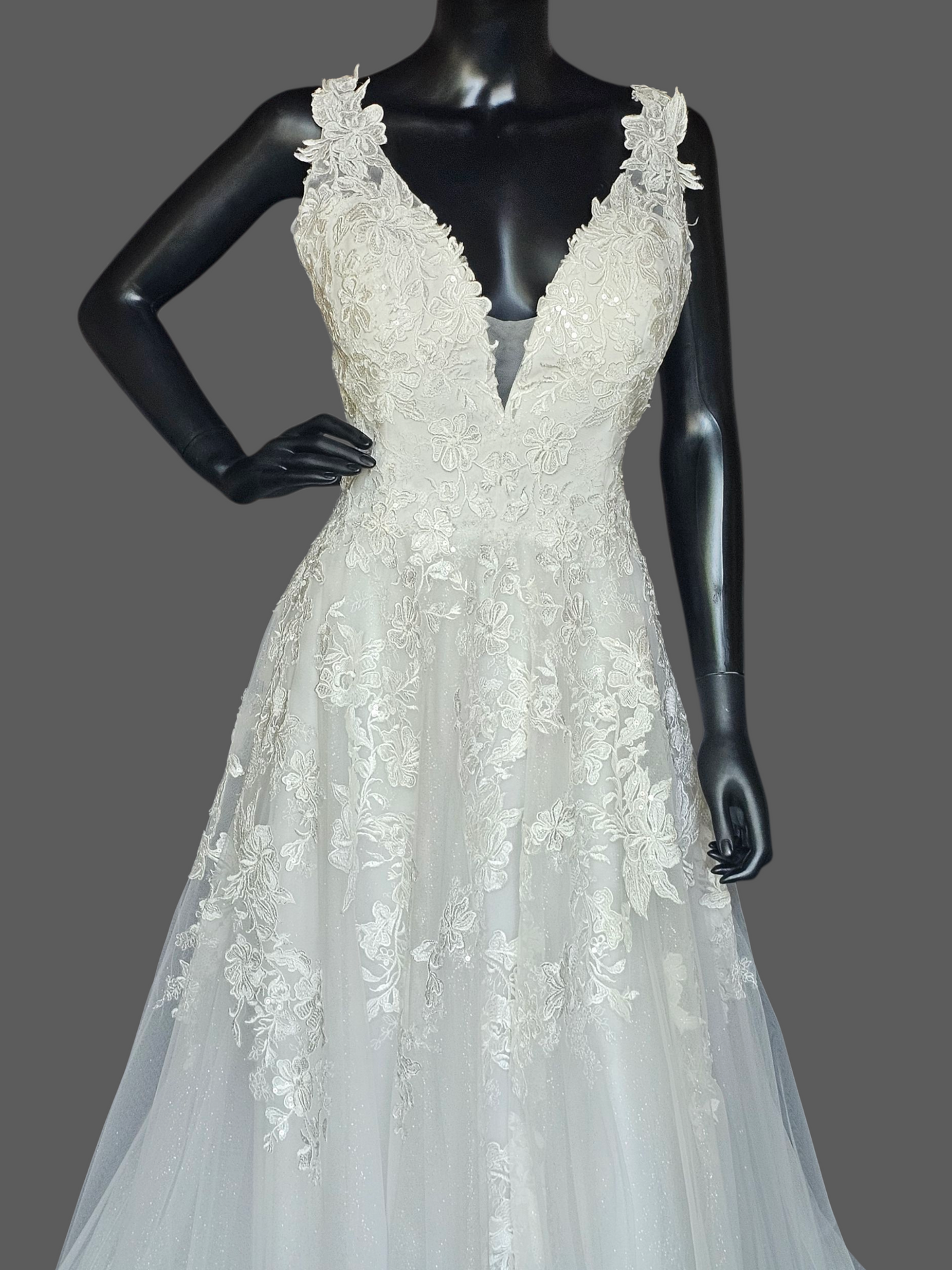 V-Neck Lace Applique Illusion Bodice A Line Wedding Gown - Petite