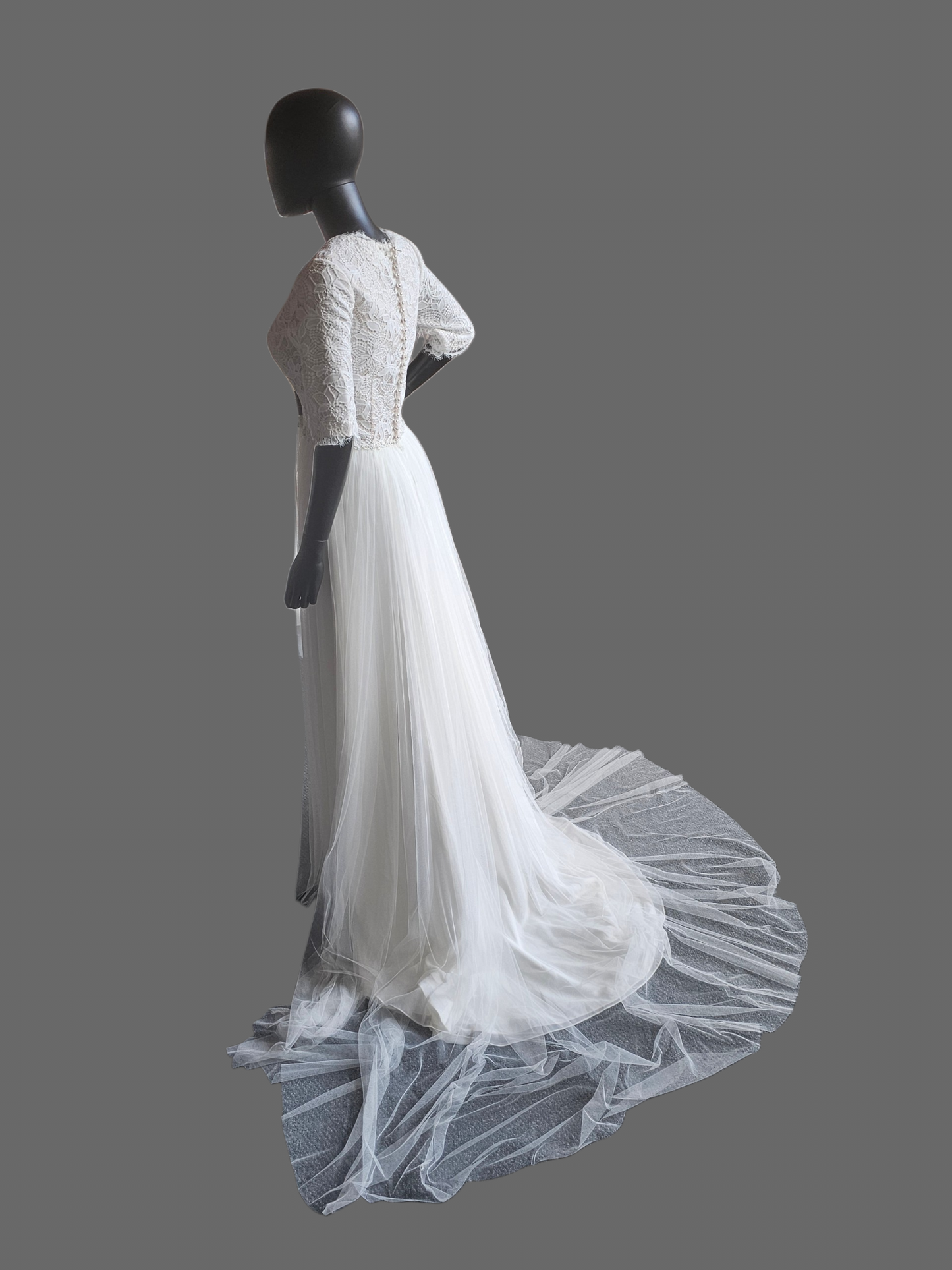 Ivory Lace Bodice V-Neck 3/4 Sleeve Wedding Gown - Rebecca Ingram