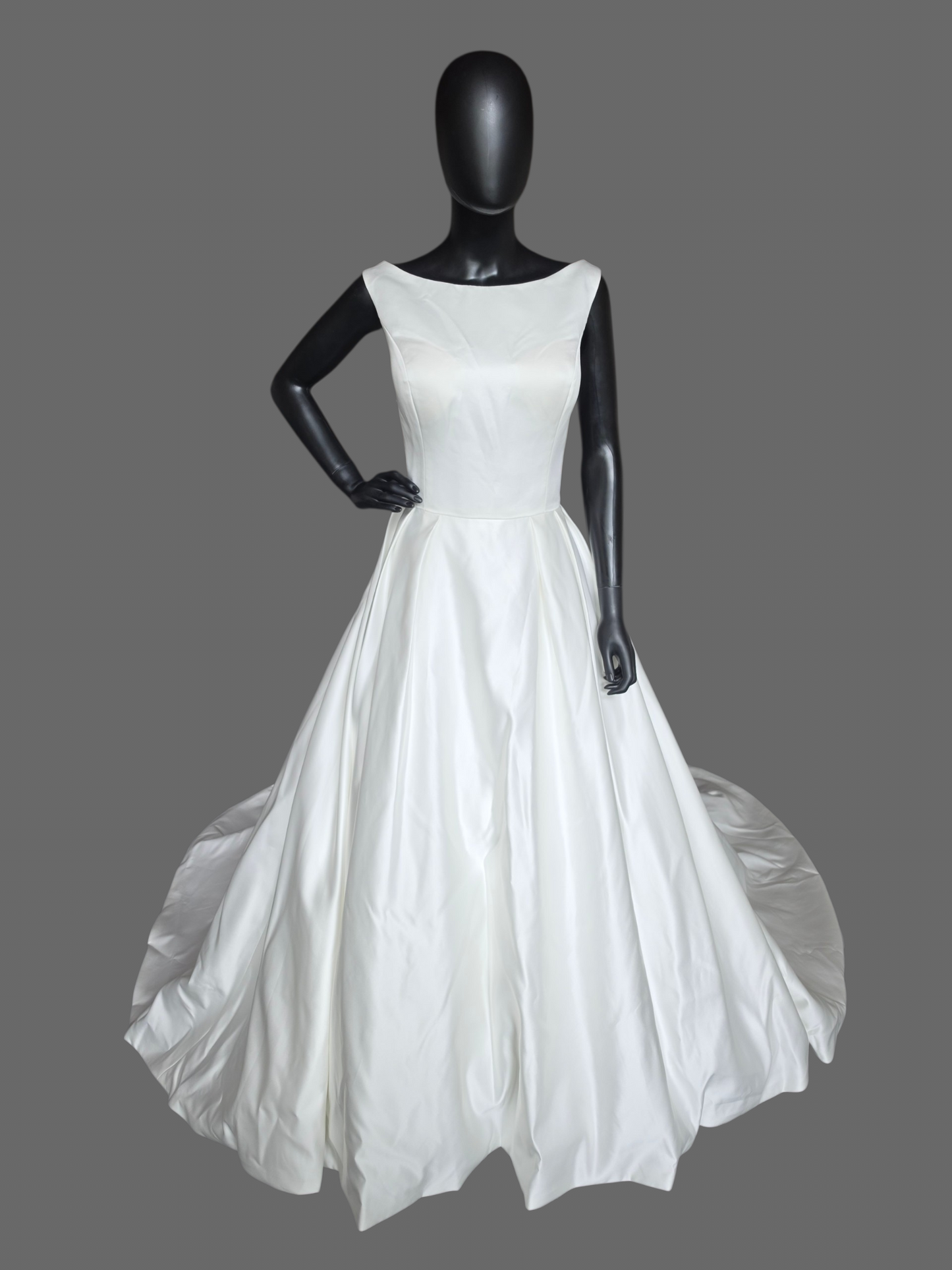 Ivory Simple Satin A-Line Boat Neck Box Pleat Wedding Dress