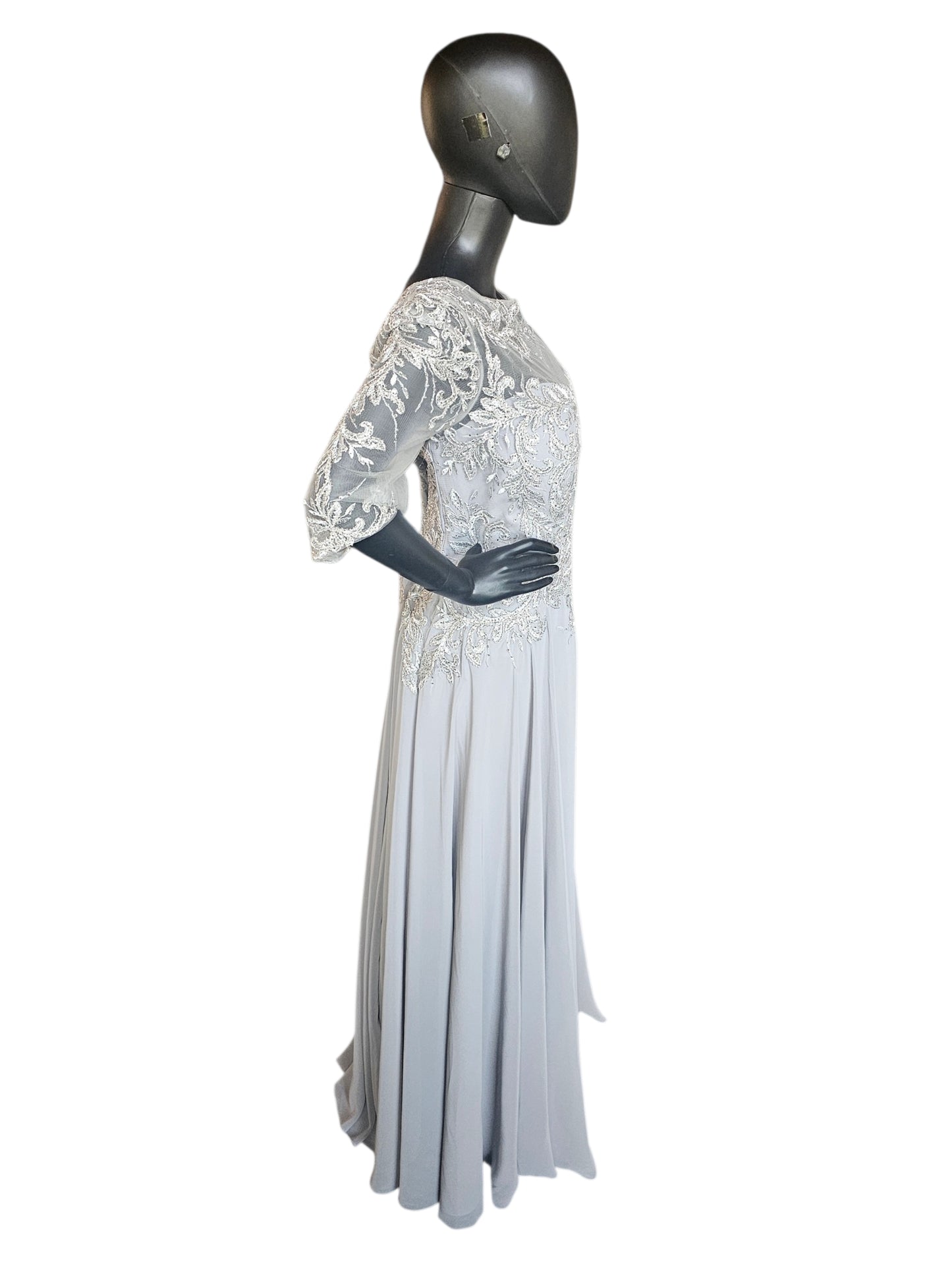 Silver Lace 3/4 Sleeve A-Line Formal Gown - MGNY
