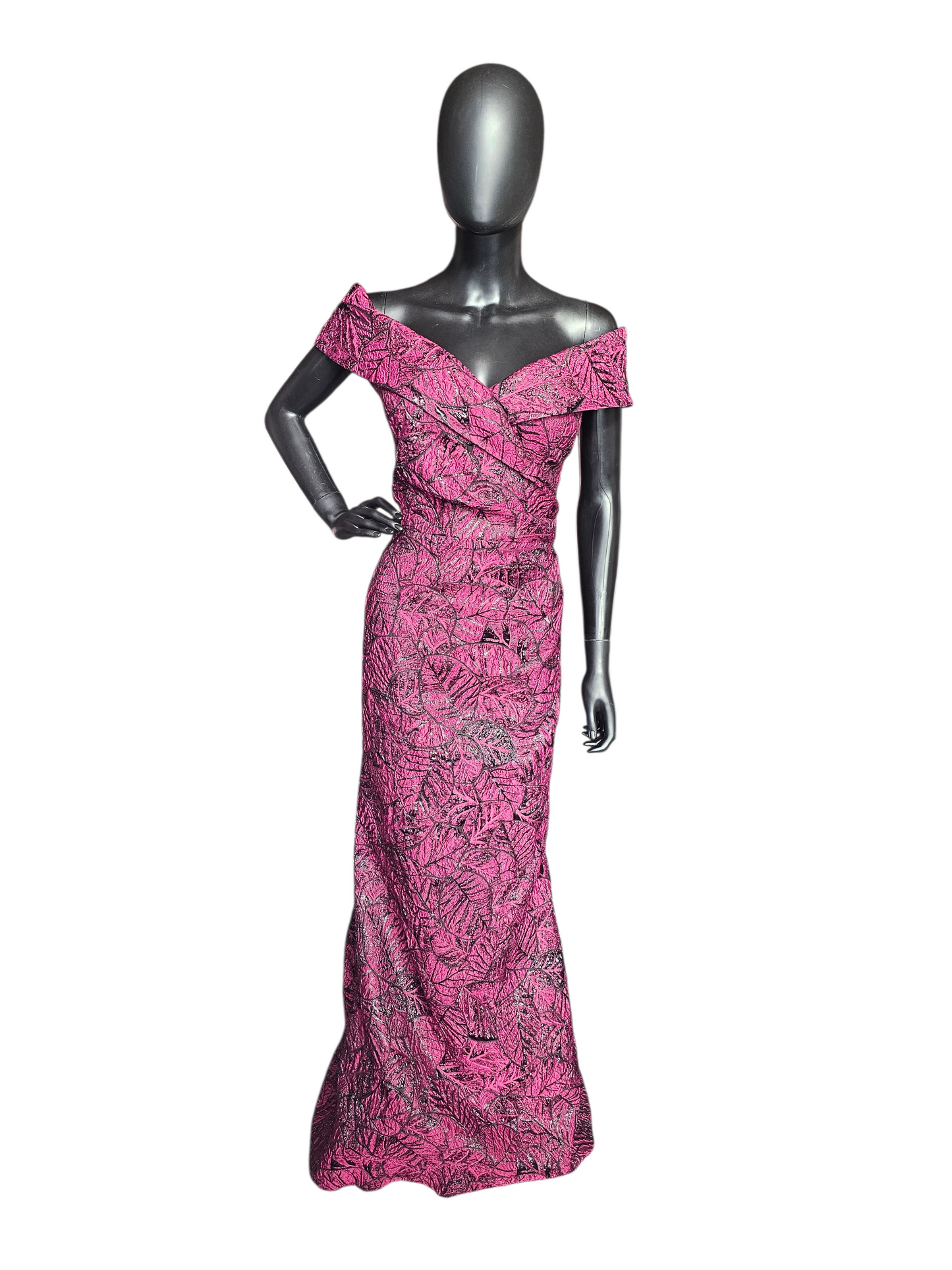 Red/Black Leaf Pattern Jacquard Off Shoulder Formal Dress - Teri Jon