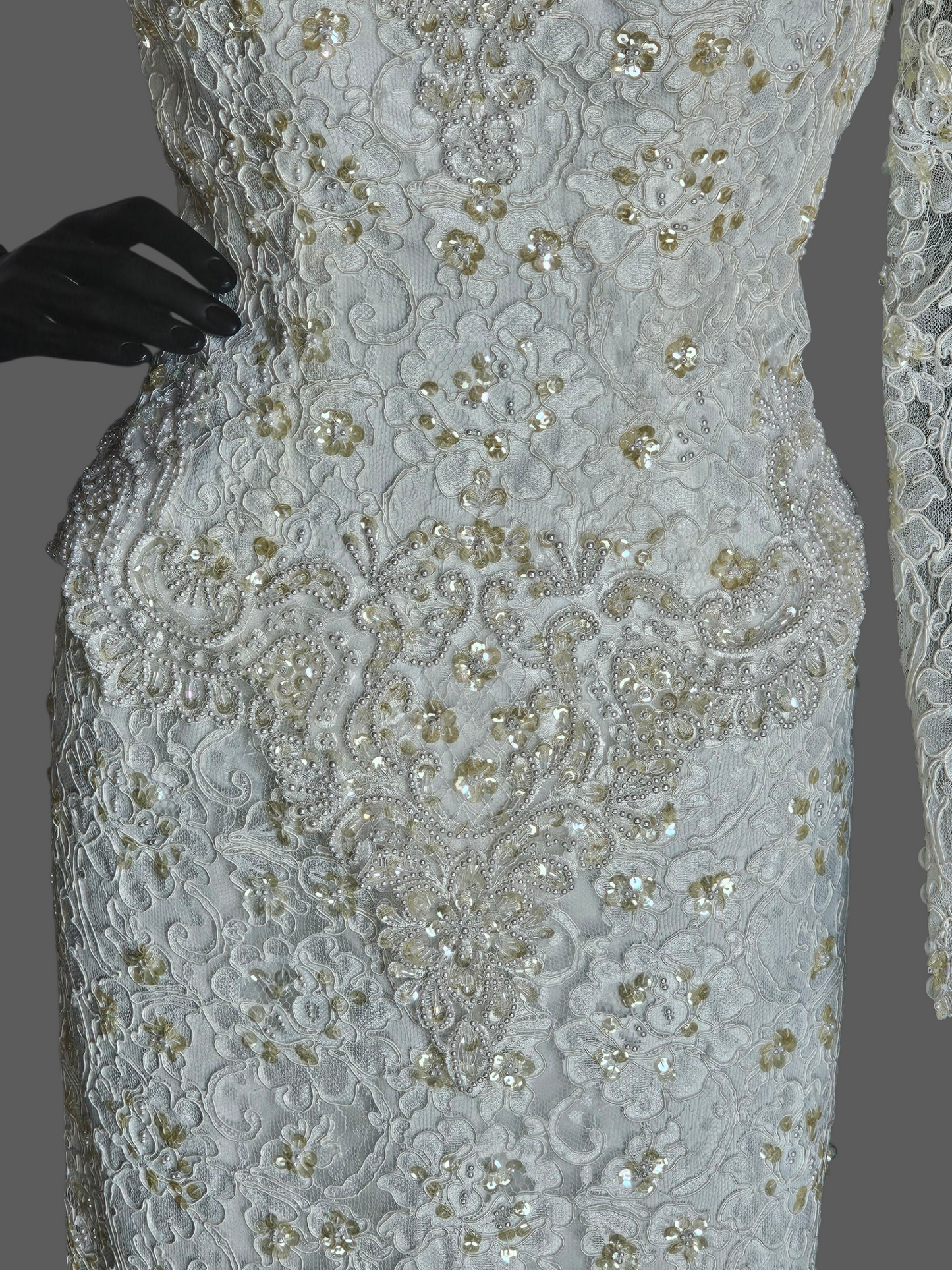 Vintage Ivory Beaded Lace Long Sleeve Fitted Sheath Wedding Gown