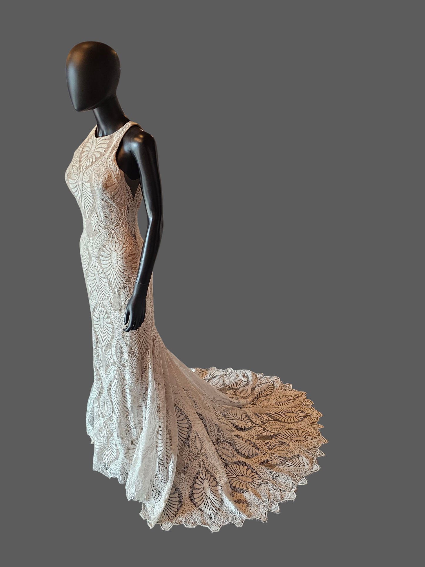 Boho Open Weave Lace Racer Halter Open Back Fitted Wedding Gown  - Wilderly Bride