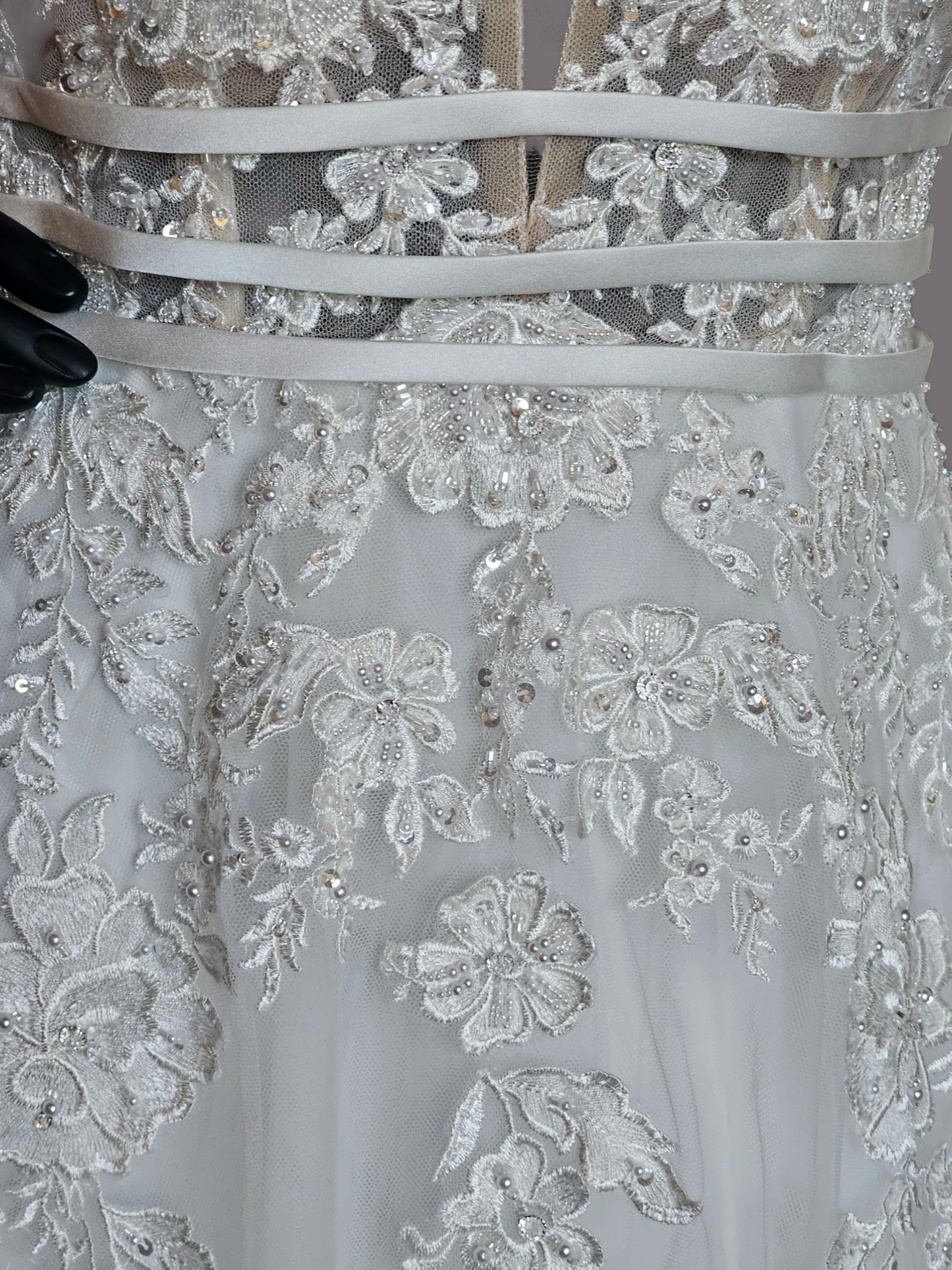 Ivory A-Line Illusion Bodice Floral Applique Wedding Gown - Bliss Bridal