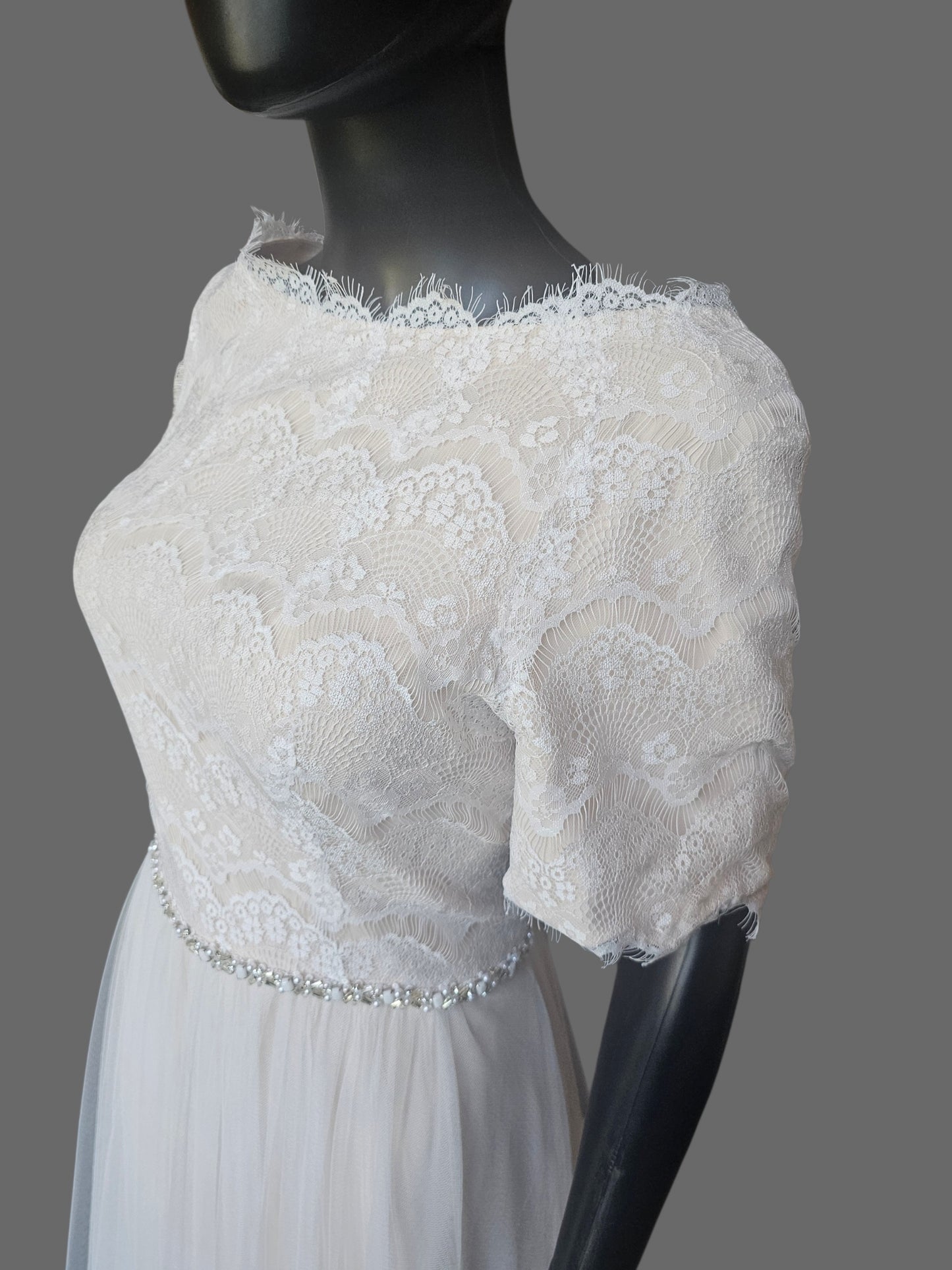 Nude/Lace 1/2 Sleeve Modest Aline Wedding Gown - Rebecca Ingram