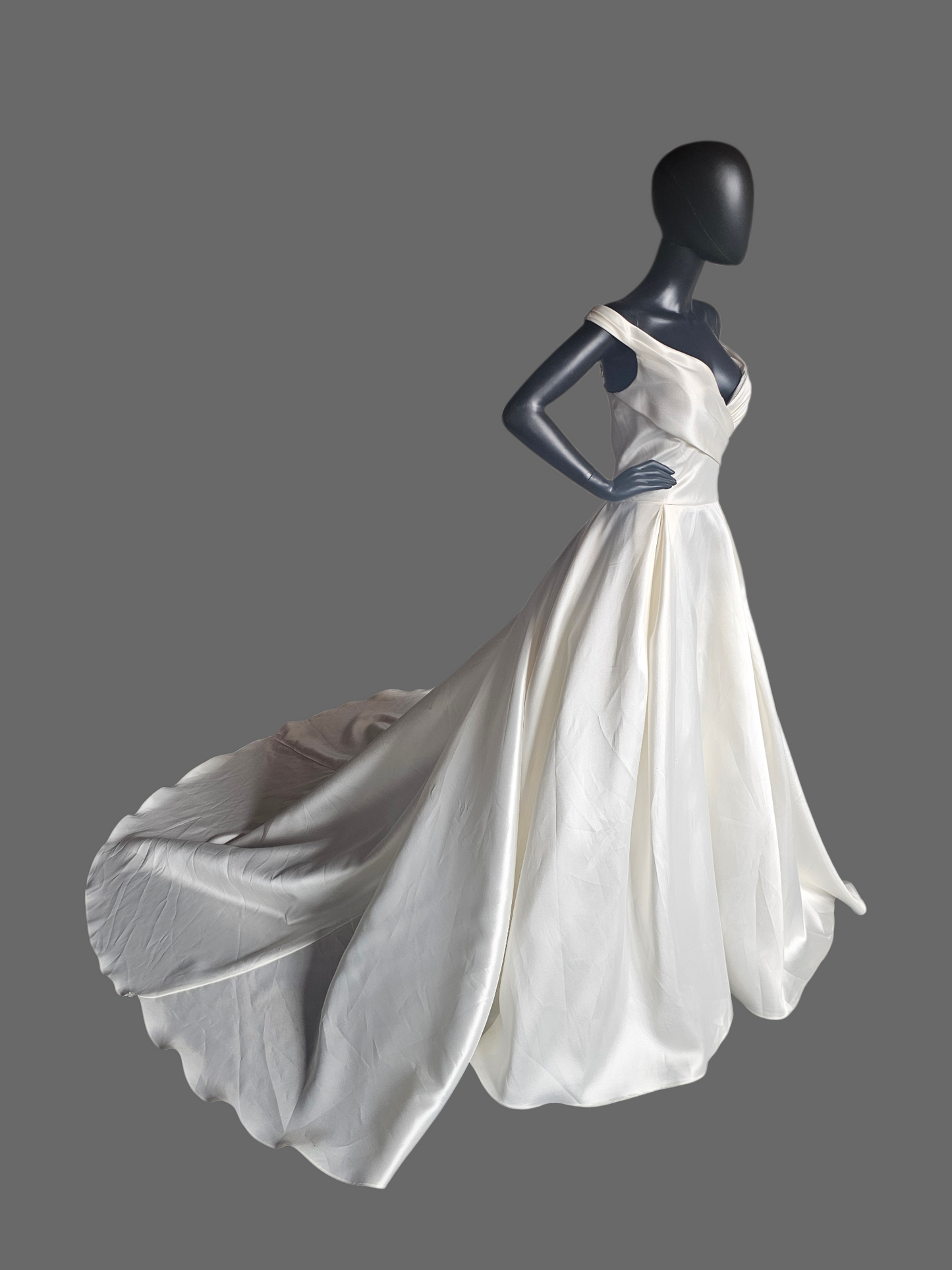 Ivory Mikado Off Shoulder  A-Line Wedding Gown W/Removable Bow - Ashley + Justin
