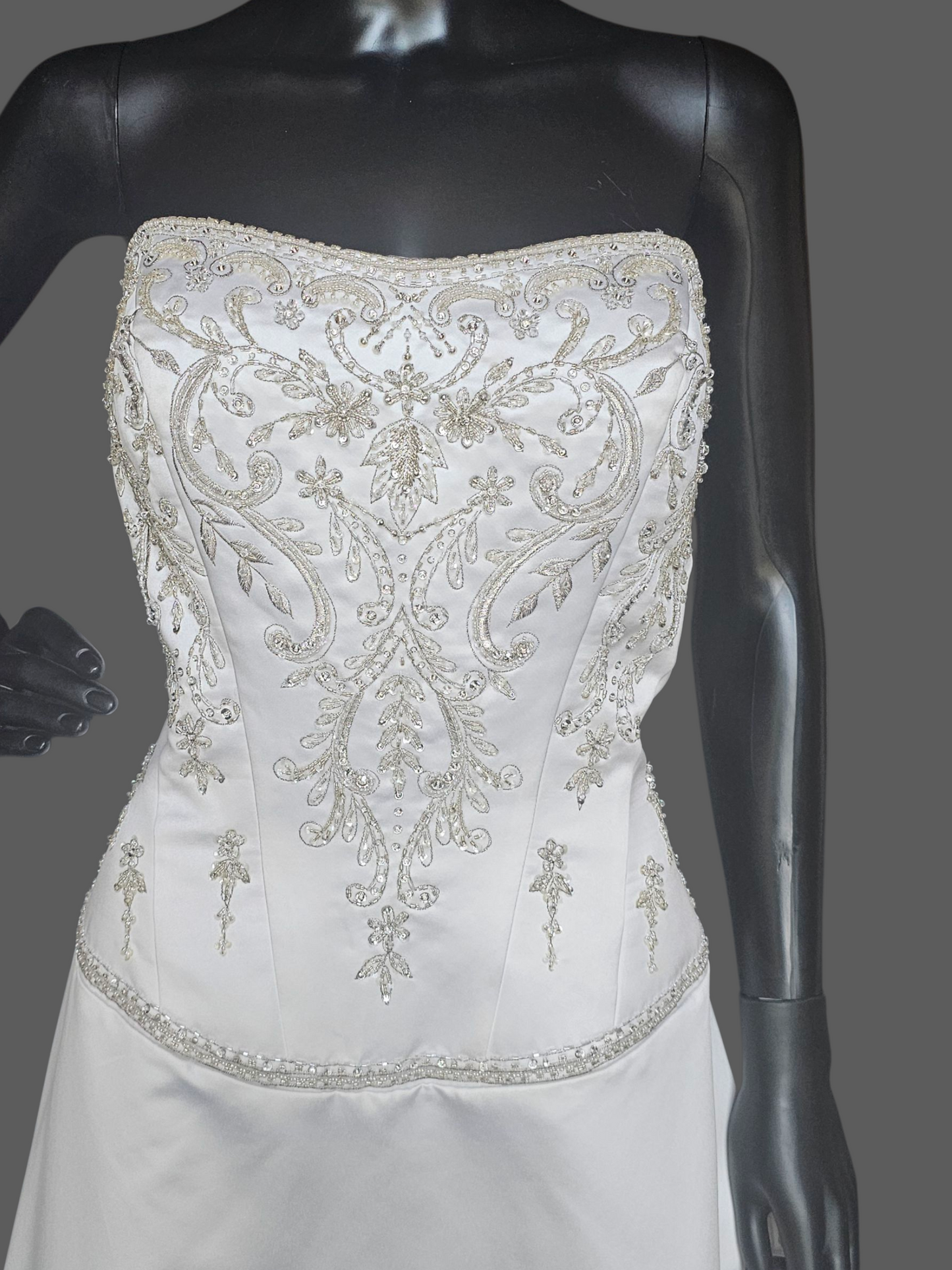 White Satin Drop Waist A-Line Wedding Gown  - Casablanca