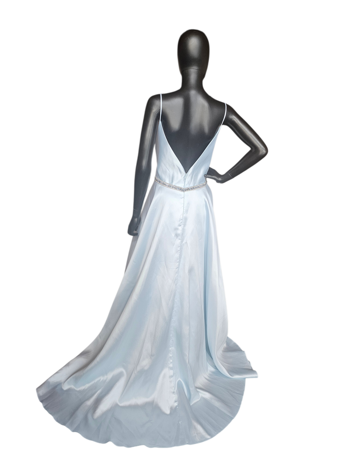 Periwinkle Plunge Belted A-Line Mikado Formal Dress