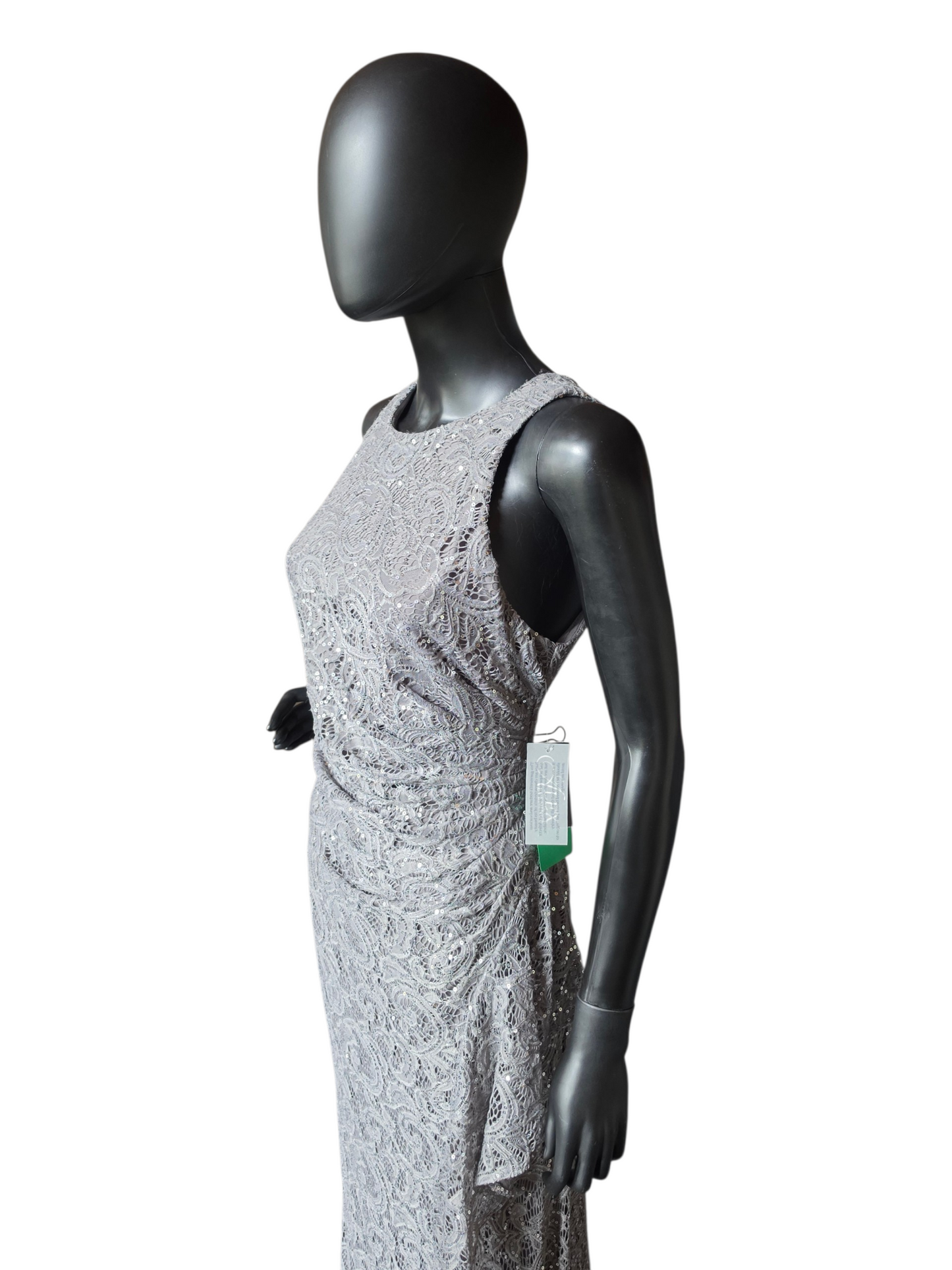 Pewter Sparkle Fit/Flare High Scoop Stretch Lace Side Ruched Slit Moms/Formal Dress - Alex Evenings