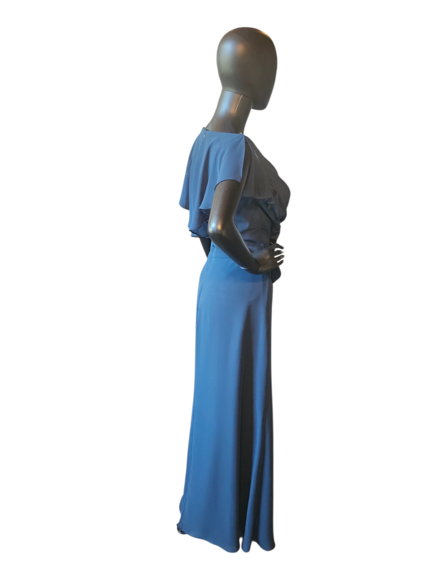 Navy Chiffon Flutter Sleeve Added Belt Side Ruched Maxi Formal/Moms Dress - DaVinci