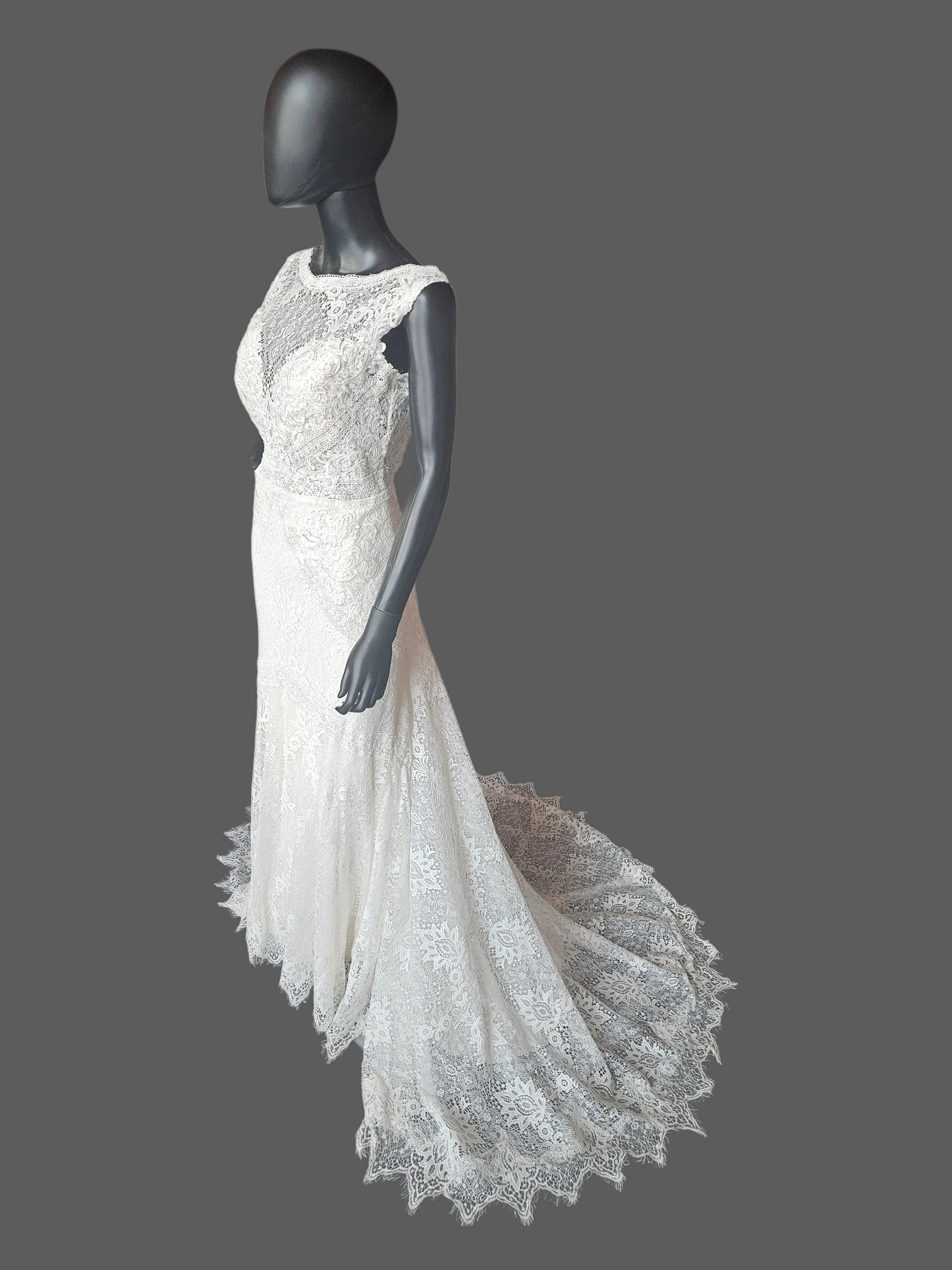 Boatneck Lace Ivory Fit/Flare Boho Wedding Gown - Lillian West