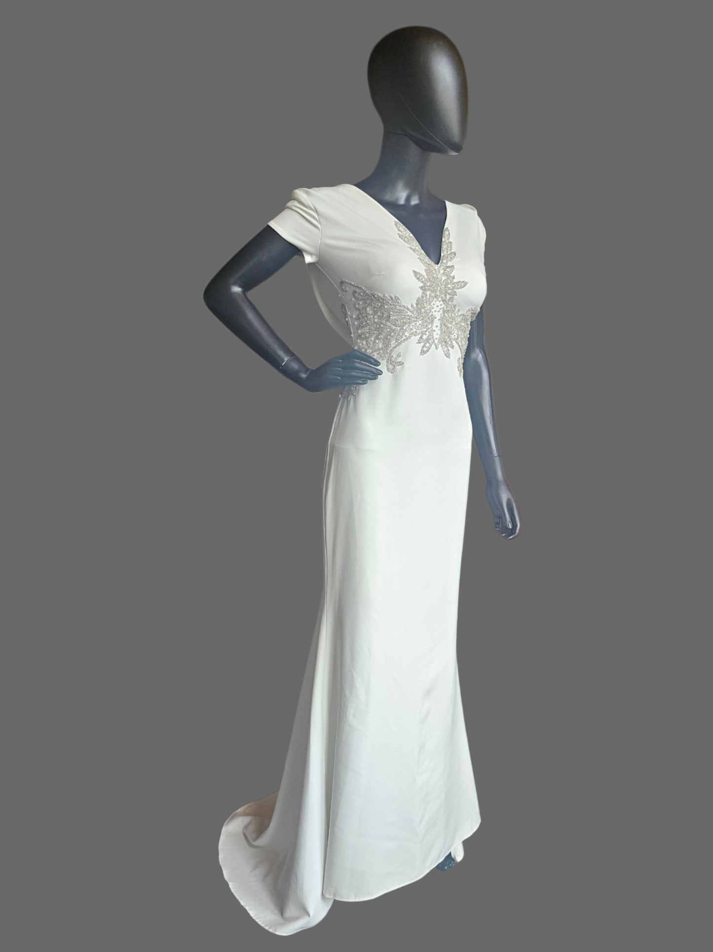 Ivory Wedding Gown Cap Sleeve Sheath Beaded With Peral Design Around The Dress Cowl Back  - Franssical