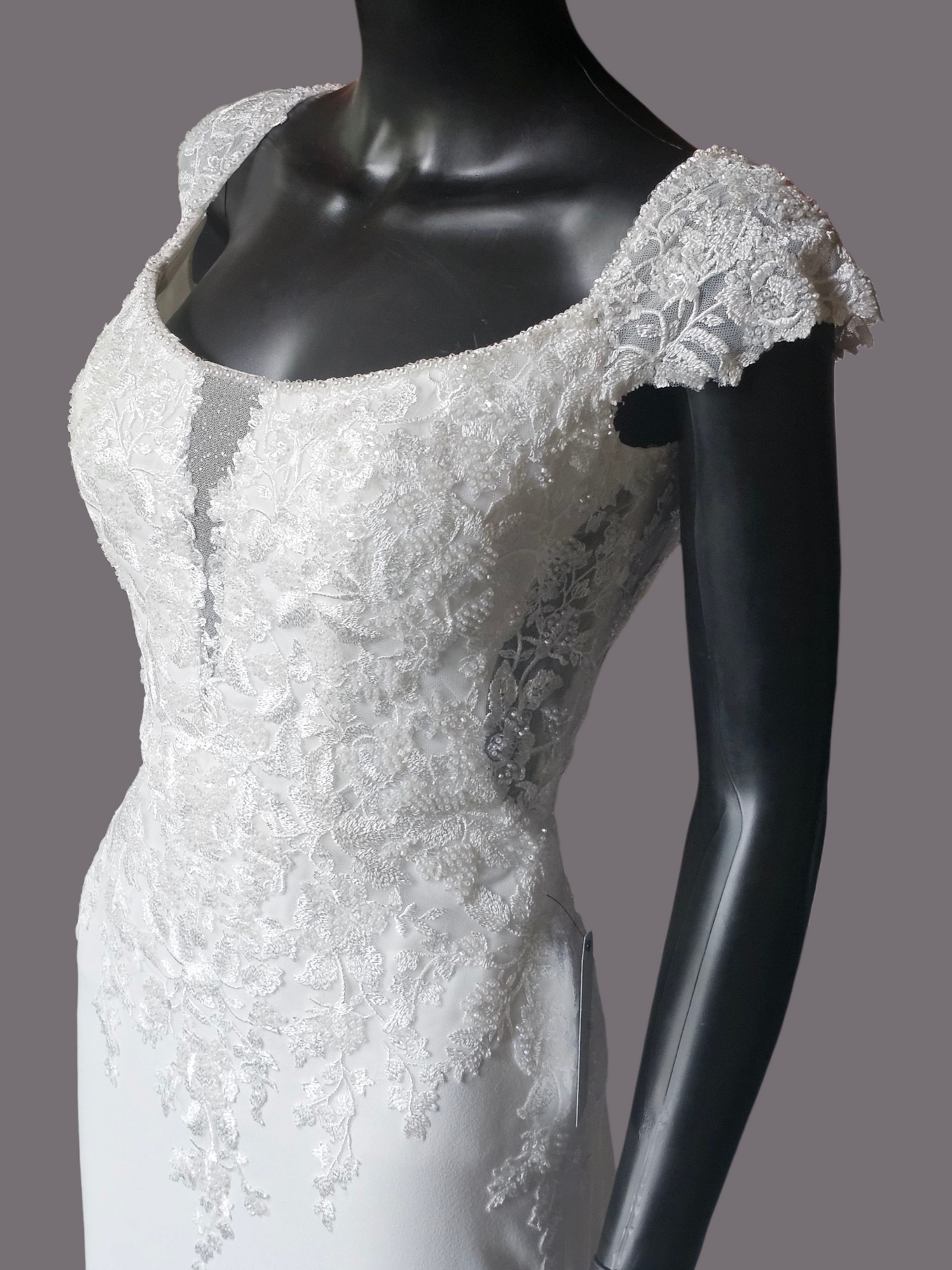 Ivory Crepe Fitted Cap Sleeve Wedding Gown - Mori Lee