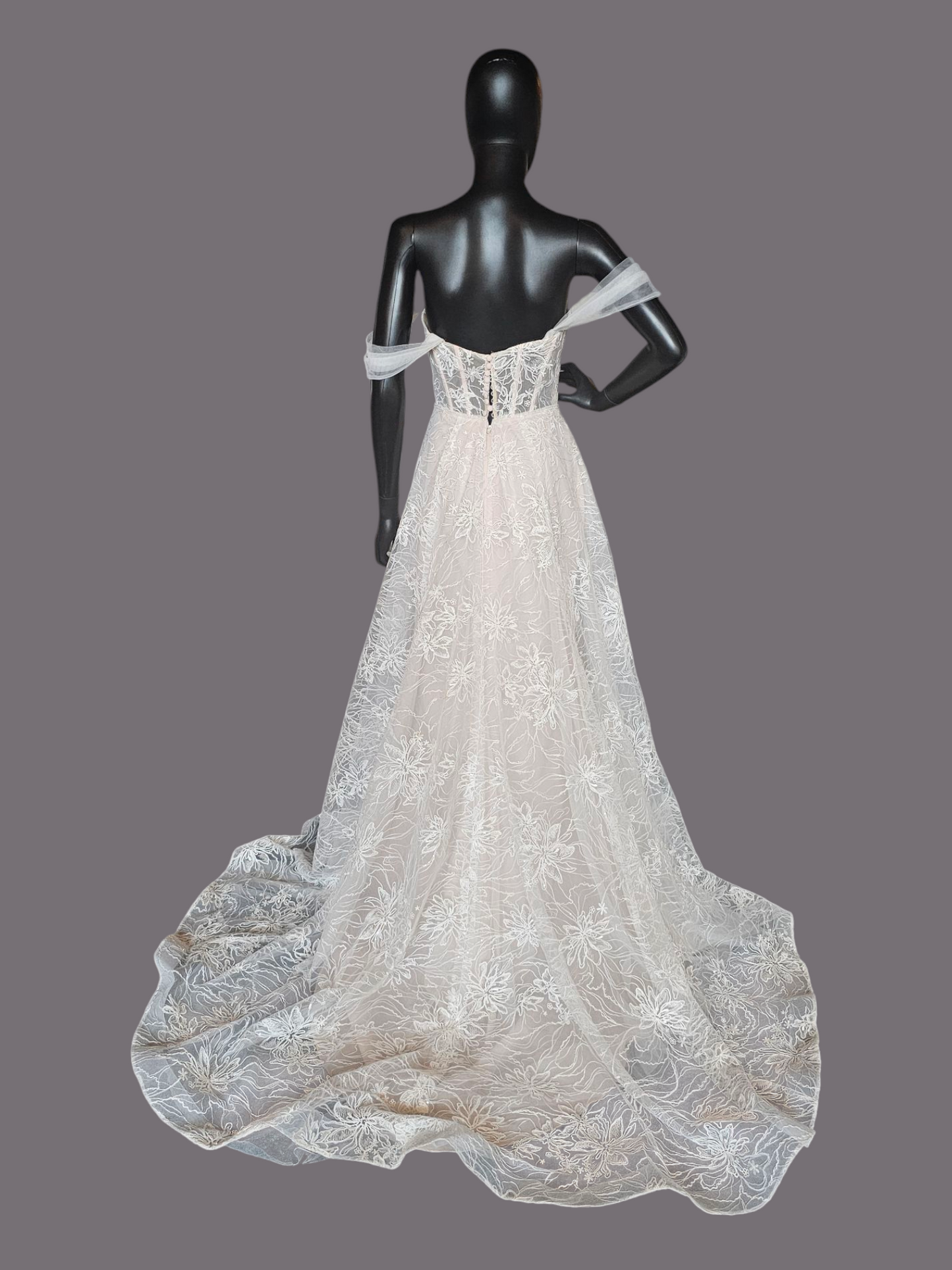 Natural Waist Off Shoulder Vintage Rose Embroidered Wedding Gown