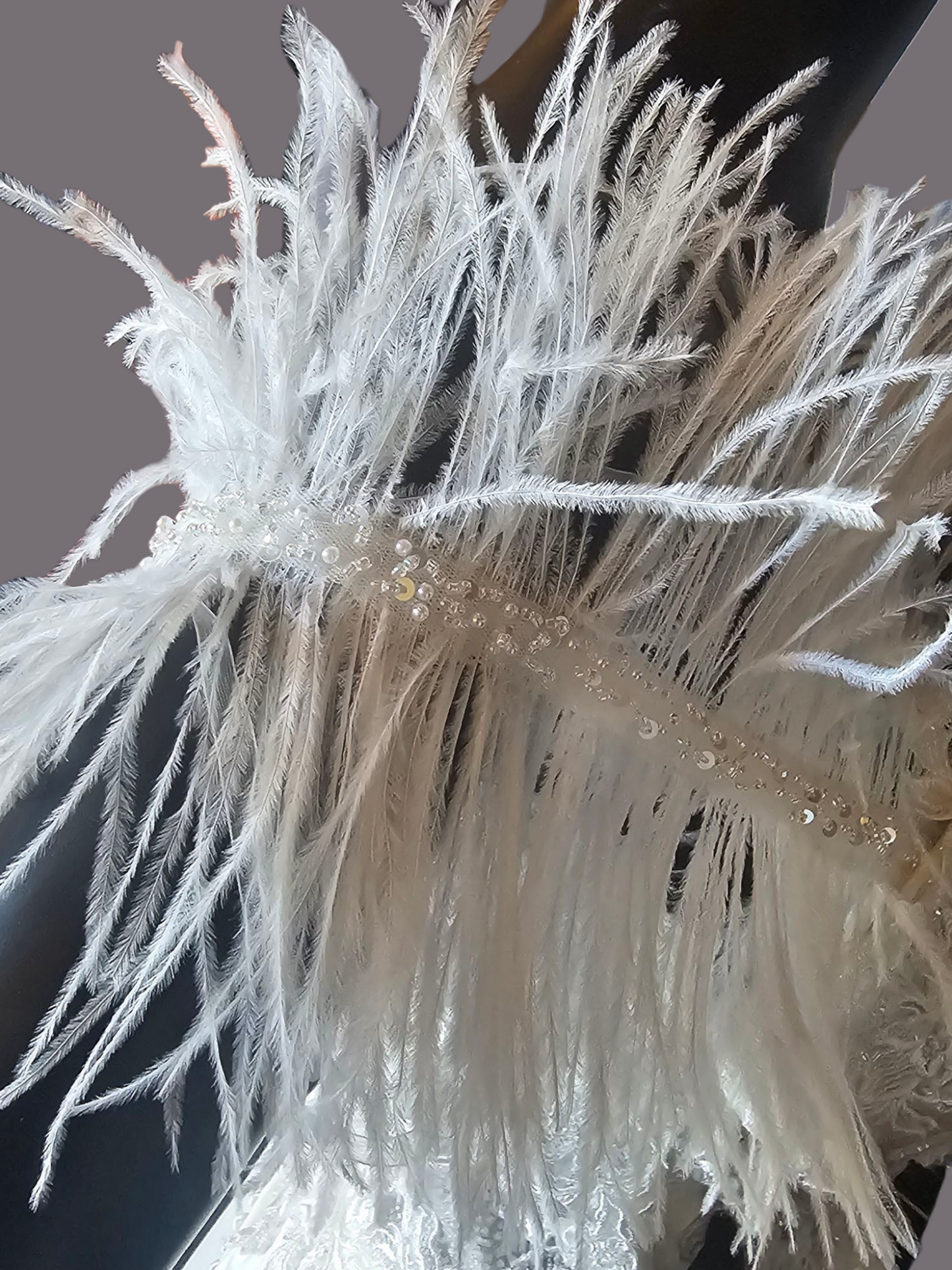 Ivory Satin Plunge Illusion Bodice Removable Feather Straps Wedding Gown - Amy & Eve