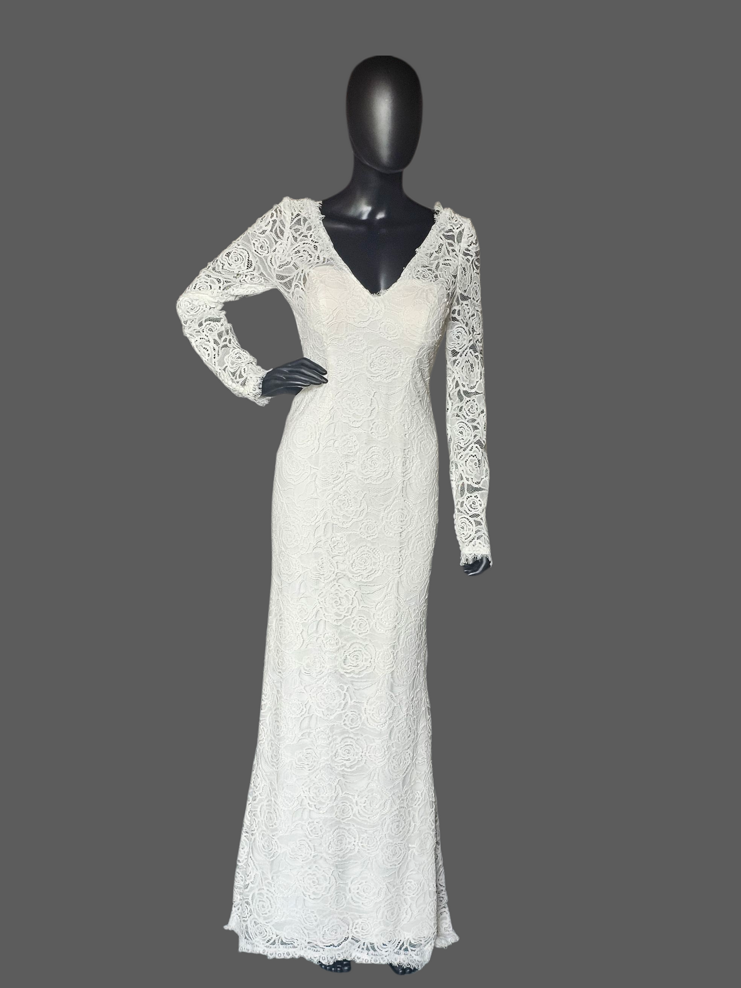 Ivory Long Sleeve Lace Fit/Flare Wedding Gown - DB Bridal