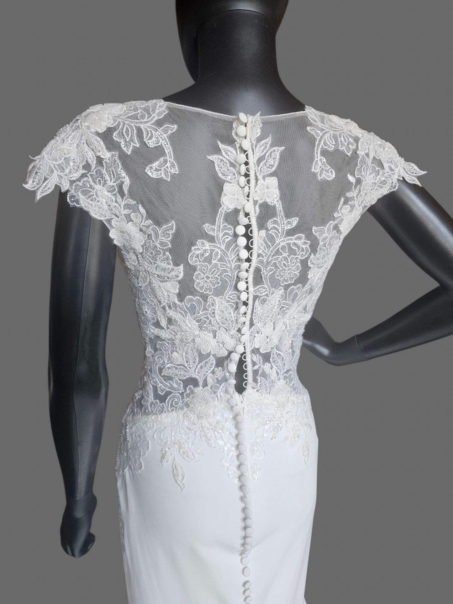 Ivory Crepe Illusion Bodice Cap Sleeve Fit/Flare Wedding Gown - Rebecca Ingram