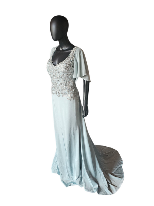Deep Aqua/Silver Embroidered Chiffon Flutter Sleeve Formal Dress - Madeline Gardner
