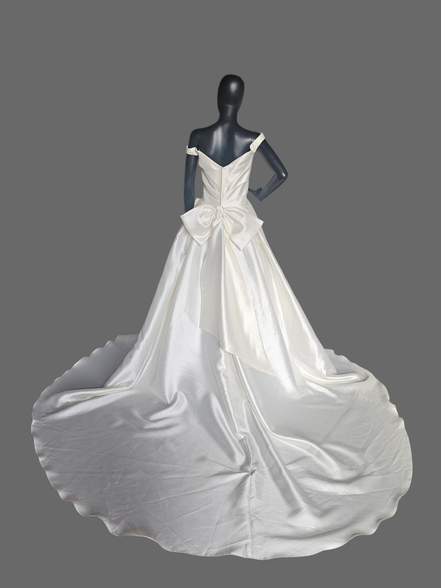Ivory Mikado Off Shoulder  A-Line Wedding Gown W/Removable Bow - Ashley + Justin