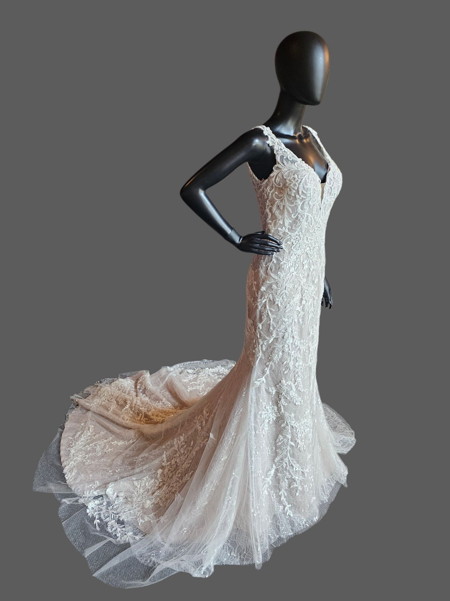 Ivory/Latte Beaded Lace Illusion Back Plunge Fit and Flare Wedding Gown - Da Vinci