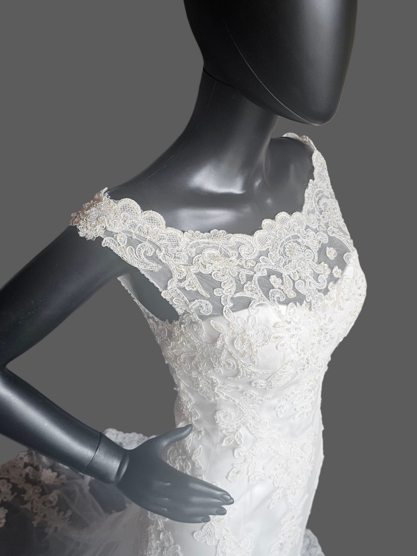 Ivory Lace Fit/Flare Bateau Neckline Wedding Gown - Casablanca