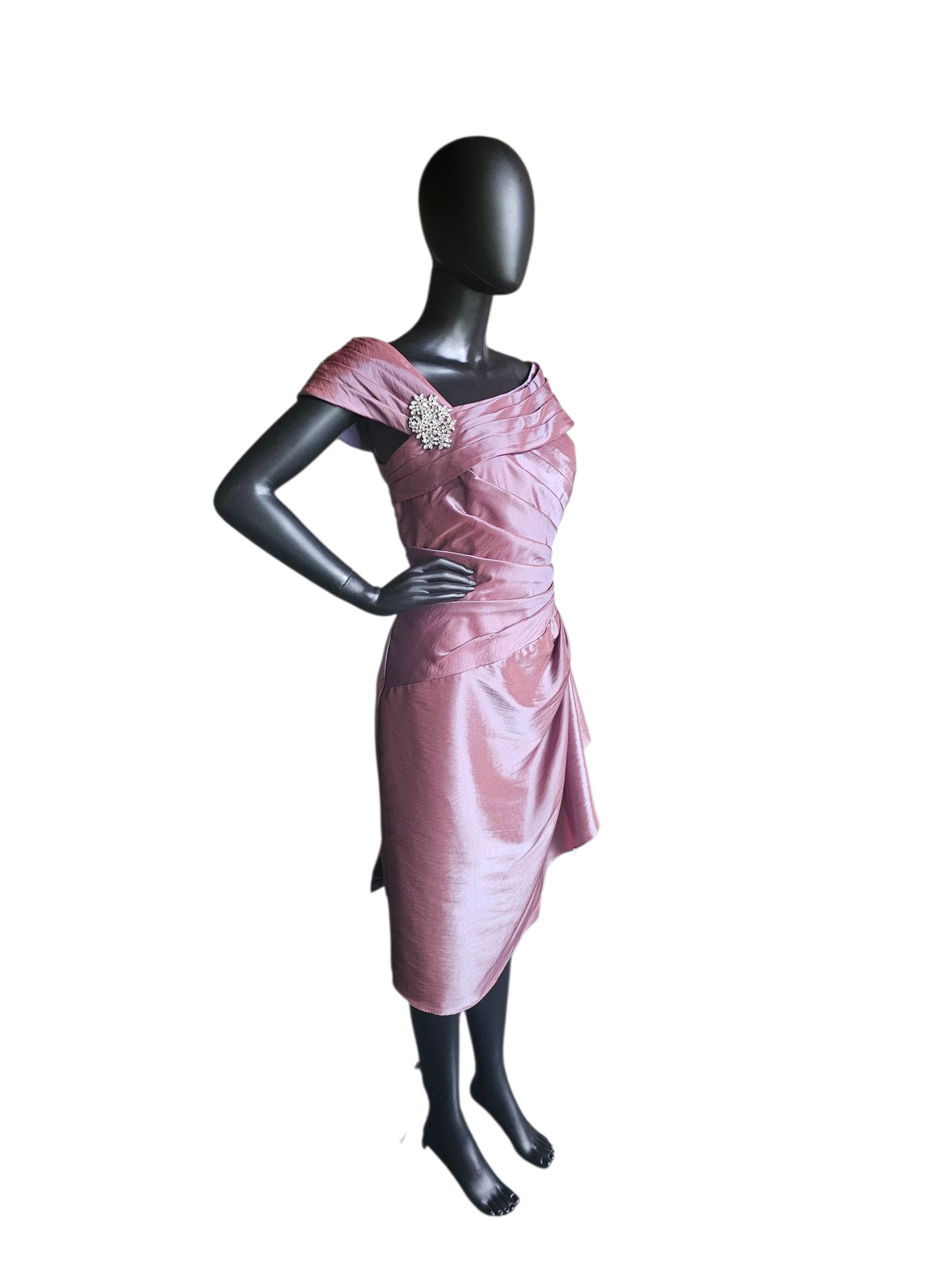 Iridescent Rose Taffeta Asymmetrical Off Shoulder Cocktail Dress - Jade