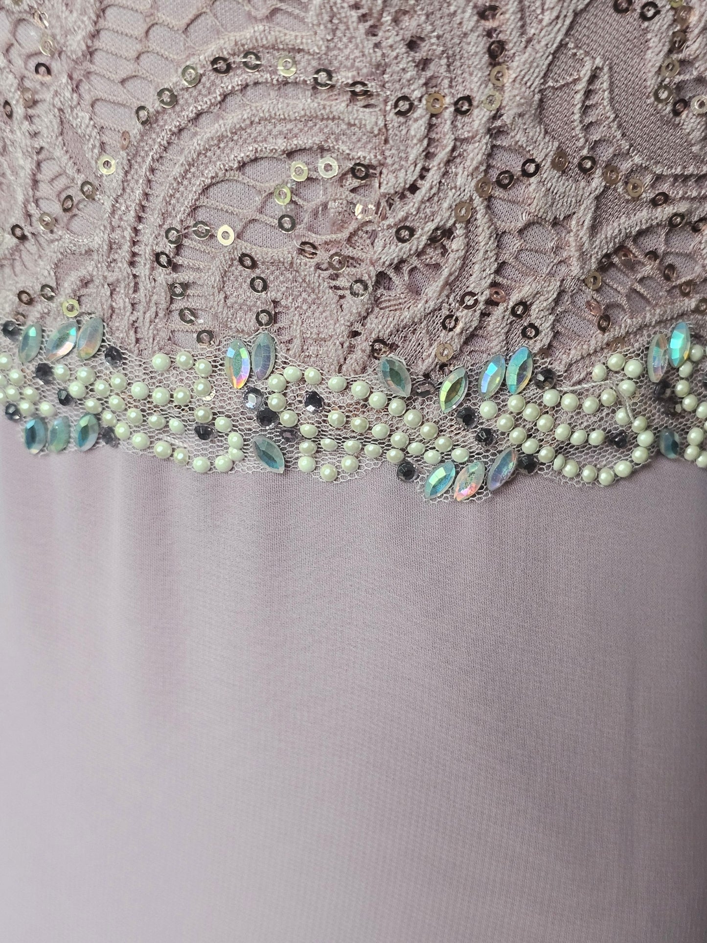 Mauve Beaded Belt/Lace Details Cap Sleeve Crew Neck Full Length Formal Dress - Jackie Jon