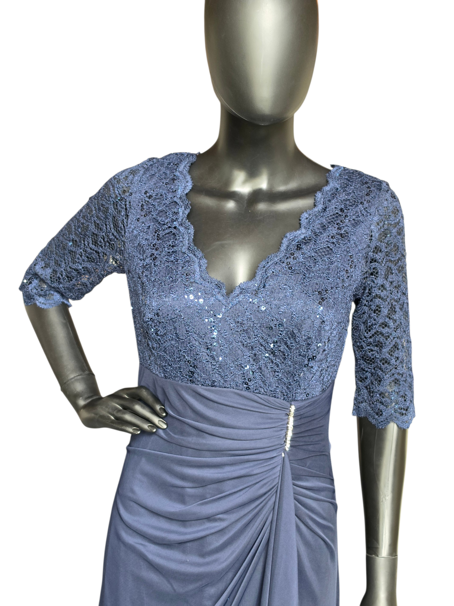 Navy Lace 3/4 Sleeve Crepe Fit/Flare Side Roush V-Neck Formal/ Moms Dress- Betsy + Adam