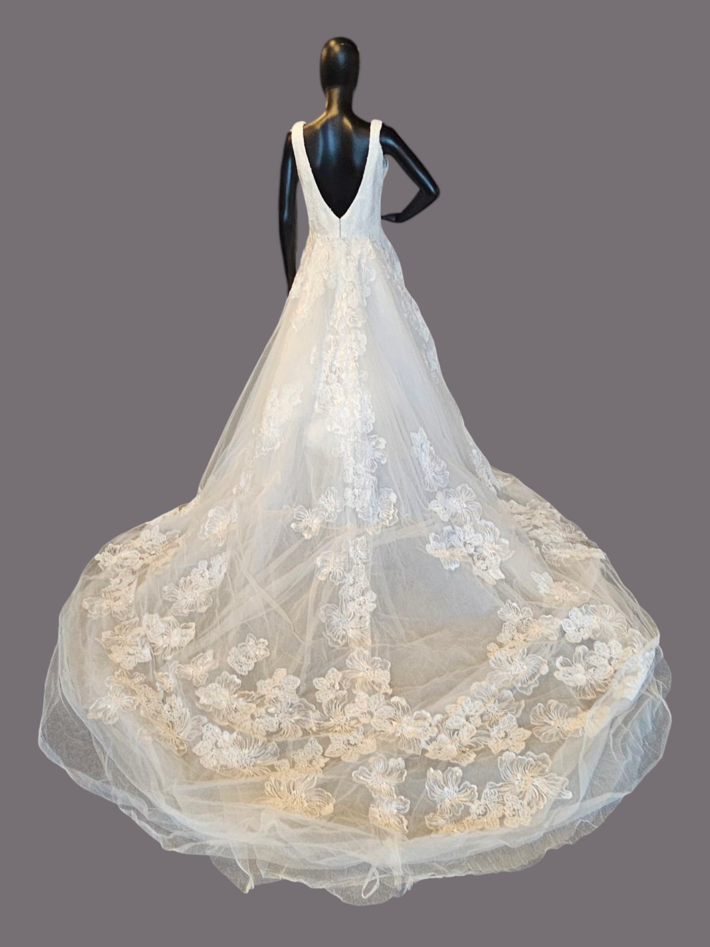 Ivory V-Neck Full Skirt Large Scale Floral Embellished Wedding Gown - Adrianna Papell