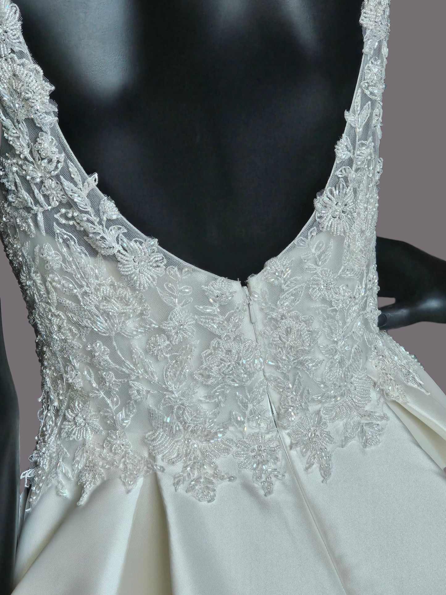 Ivory Ballgown Satin V-Neck Illusion Wedding Gown  - Da Vinci