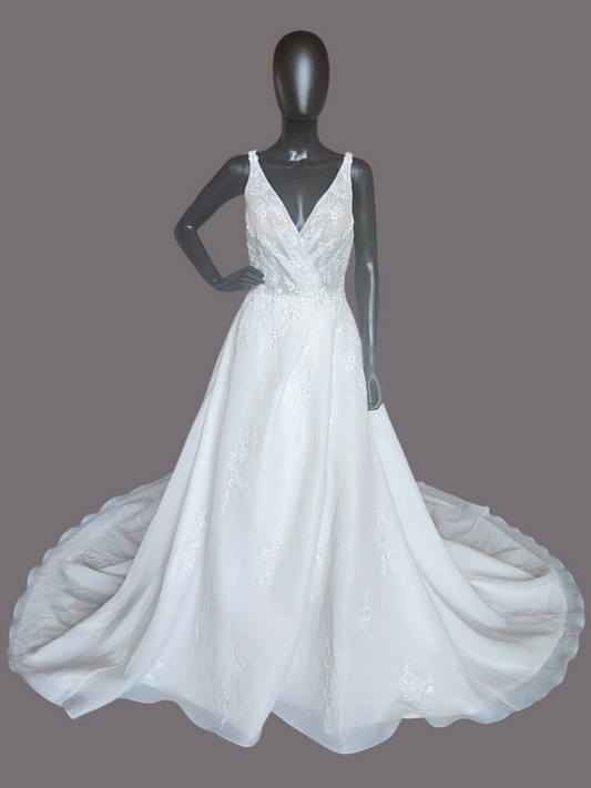 V-Neck Illusion Full Skirt Wedding Gown  - Madeline Gardner