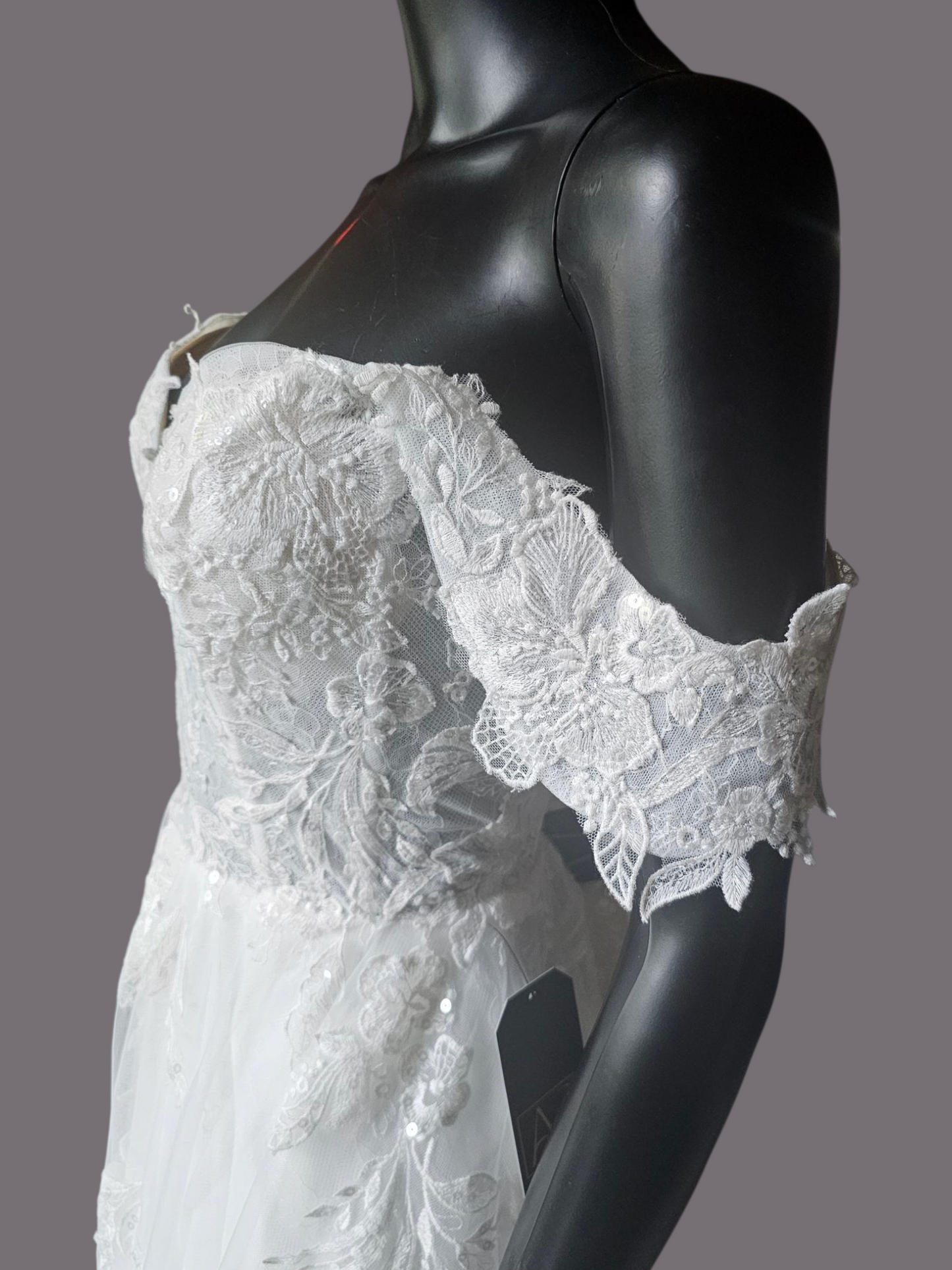 Ivory Lace Embroidered A-Line Shrug Sleeve Wedding Gown - Da Vinci