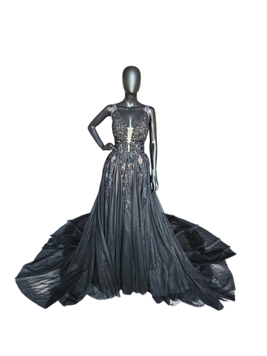 Black/Blush Plunge V-Neck A-line Wedding Gown NWOT - Mori Lee