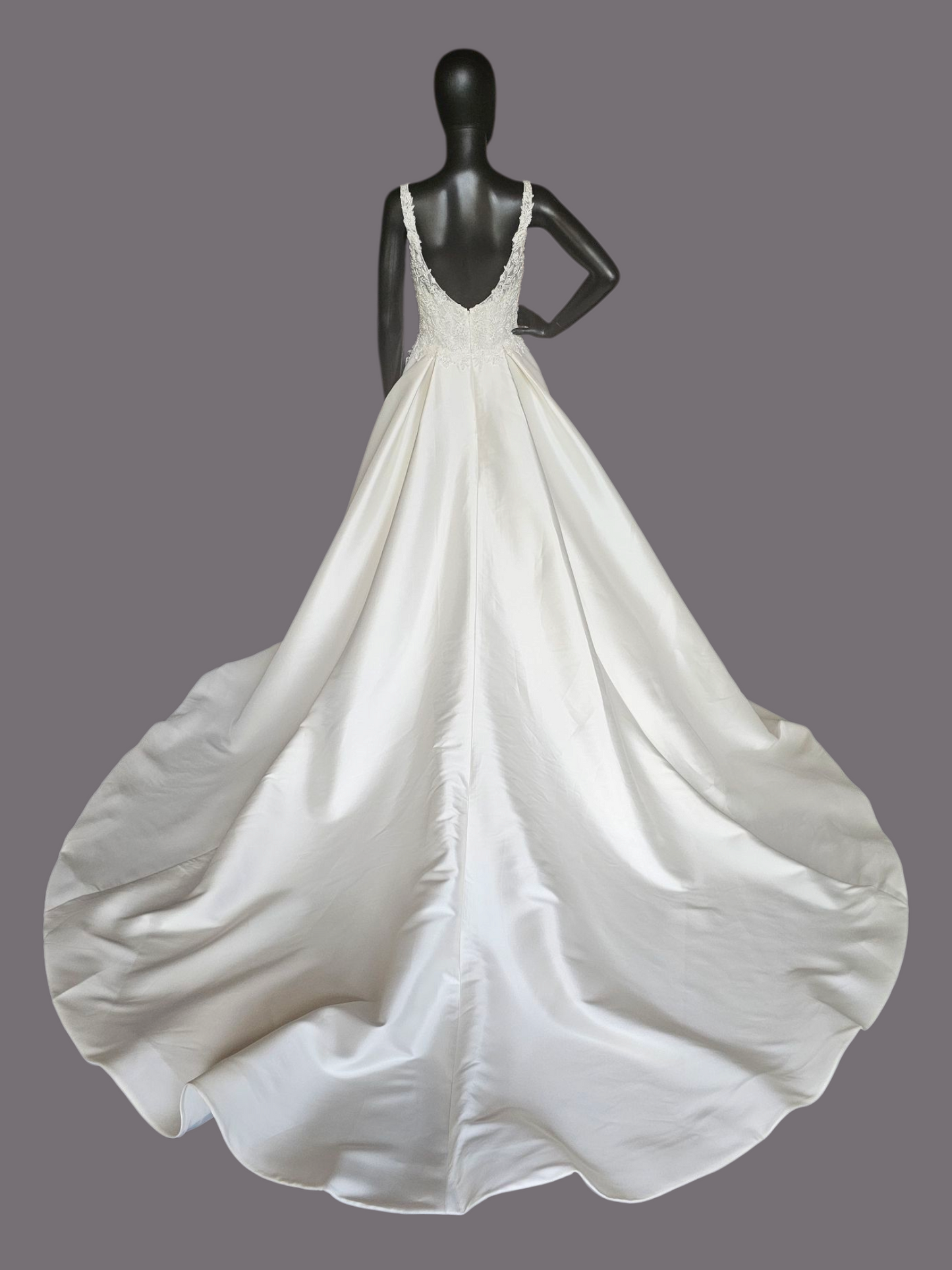 Ivory Ballgown Satin V-Neck Illusion Wedding Gown  - Da Vinci