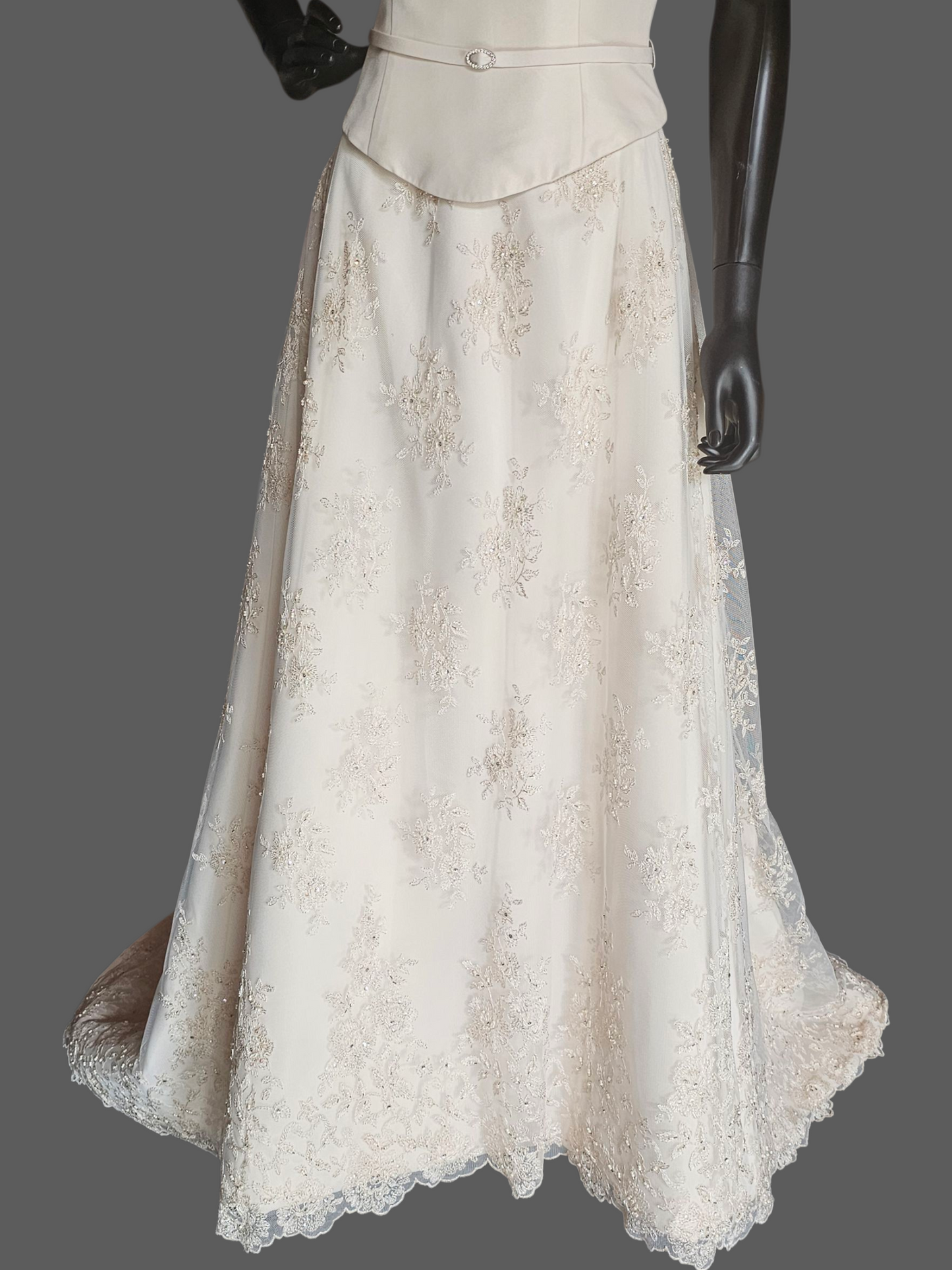 Antique Ivory 2-Piece V-Neck Lace Skirt Wedding Gown - Essence