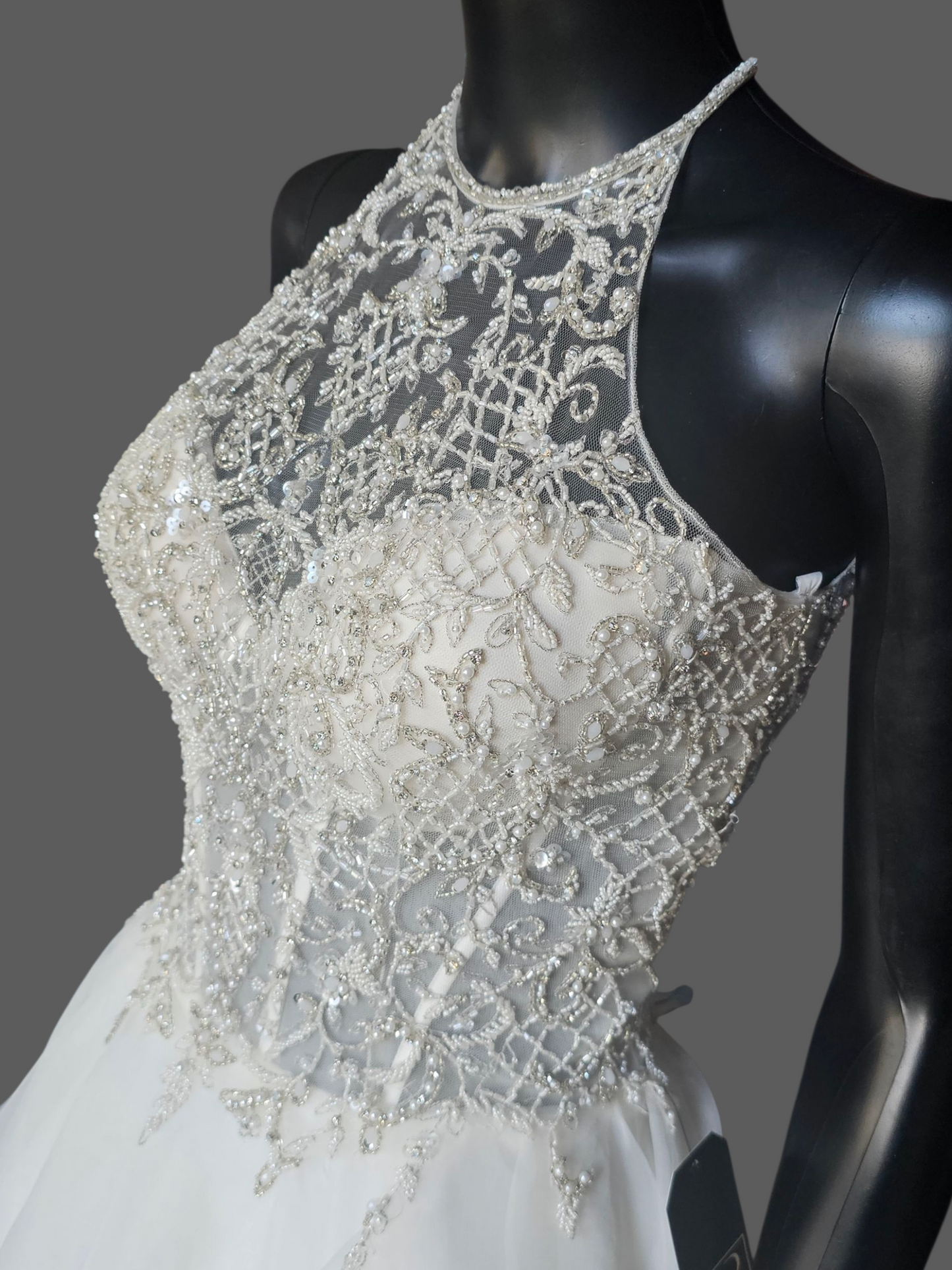 Ivory Horsehair Tiered Illusion Halter A-line NWOT Wedding Gown - Mori Lee