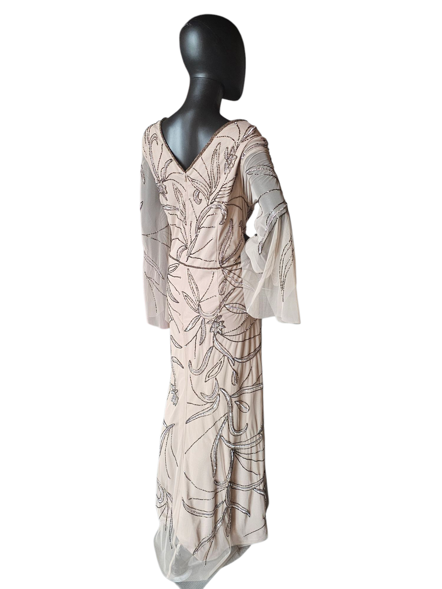 Taupe Beaded Mesh Bell Sleeve Formal Gown - Adrianna Papell