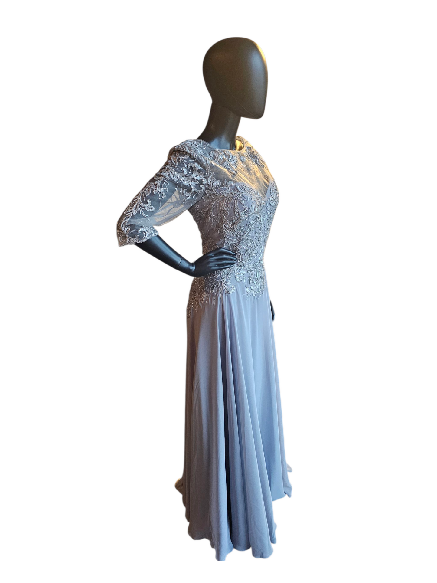 Silver Long Sleeve Illusion Bodice Maxi Formal Evening Gown - Madaline Gardner NY