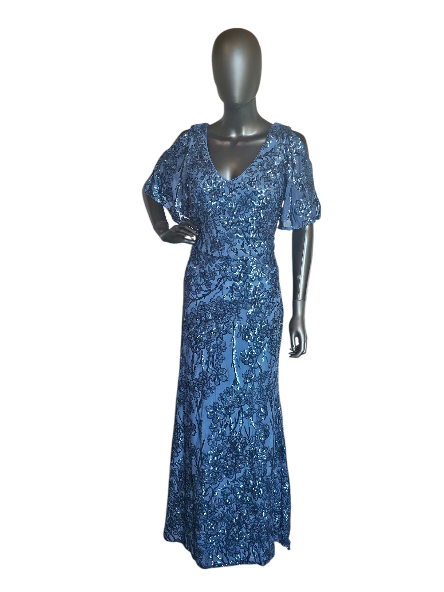 Royal Blue Beaded Cold Shoulder Flutter Sleeve Formal Gown - Alex Evenings