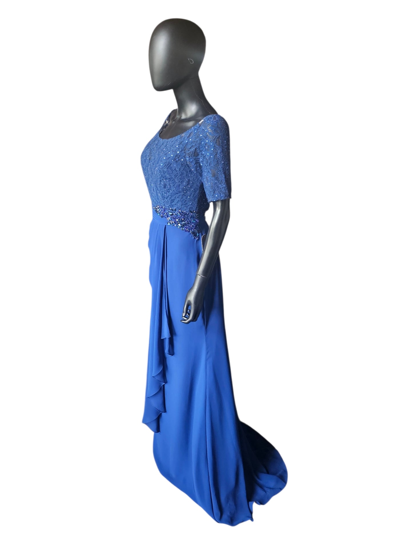 Royal Blue Scoop Neck Lace Gathered Waist - Alyce Paris