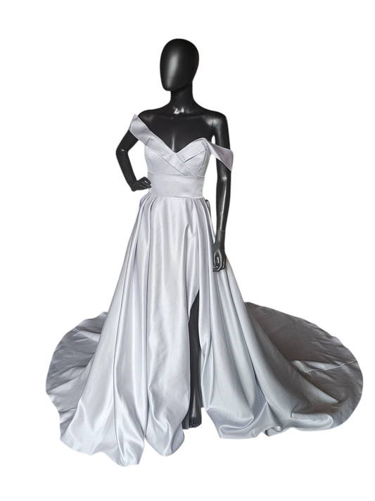 Off Shoulder Misty Blue Satin Wedding Gown - Morilee Madeline Gardner