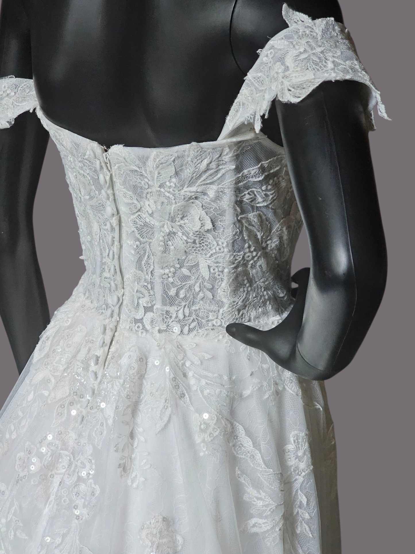 Ivory Lace Embroidered A-Line Shrug Sleeve Wedding Gown - Da Vinci
