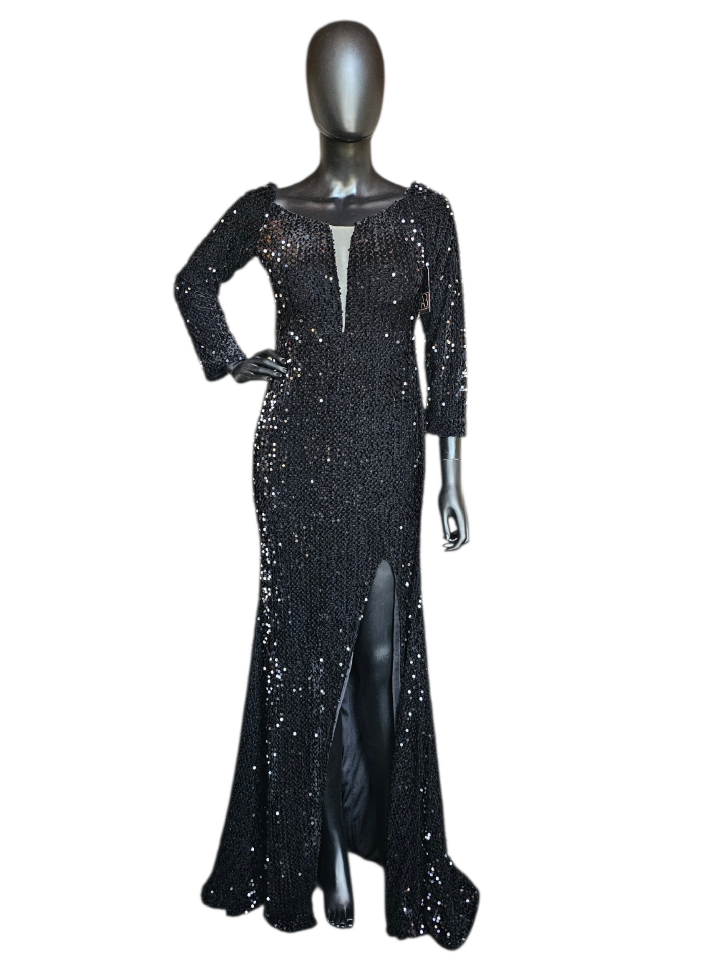 Black Sequin Fitted 3/4 Sleeve Plunge Slit Formal/Prom Dress  - Miss Ord