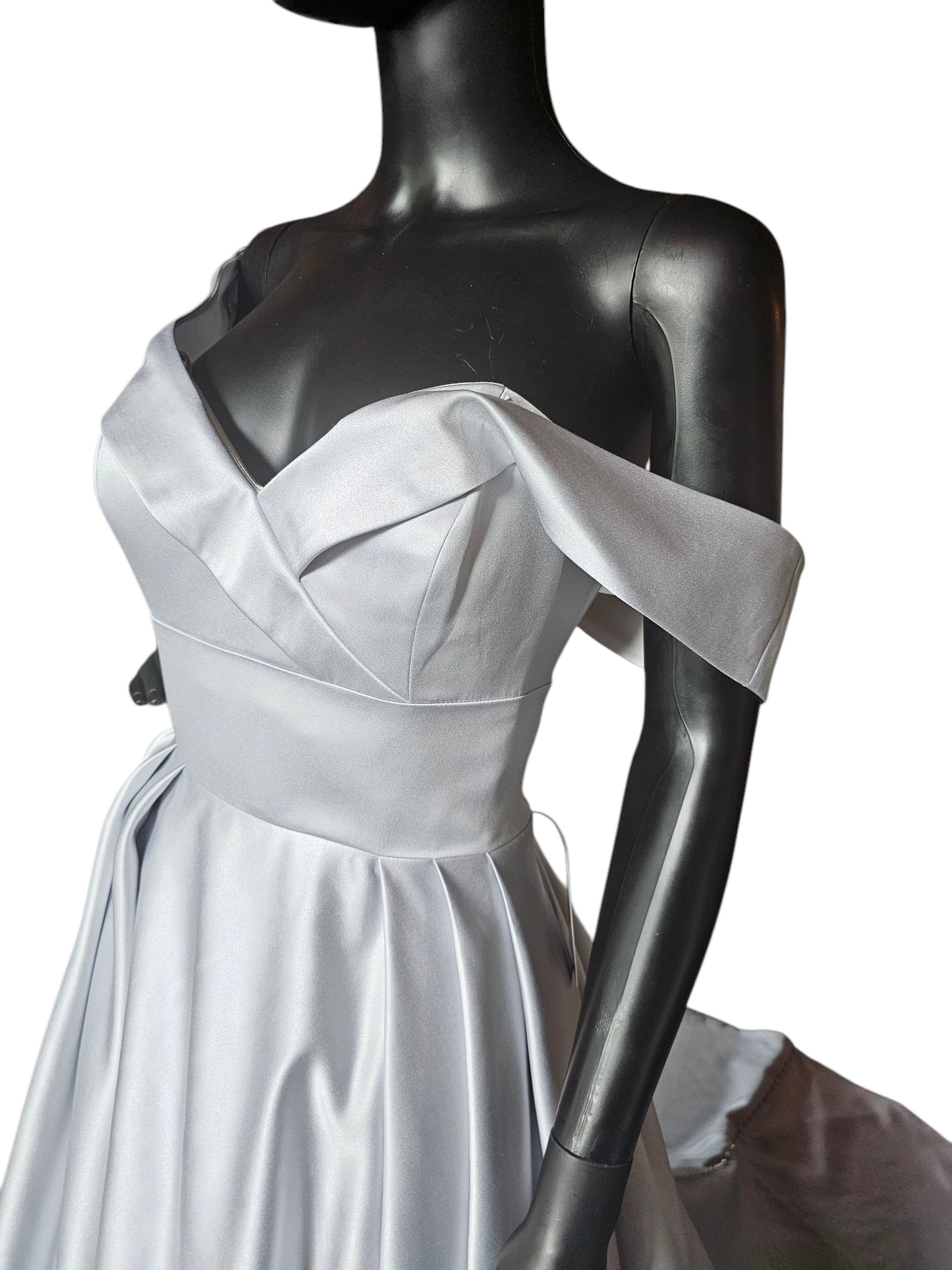 Off Shoulder Misty Blue Satin Wedding Gown - Morilee Madeline Gardner