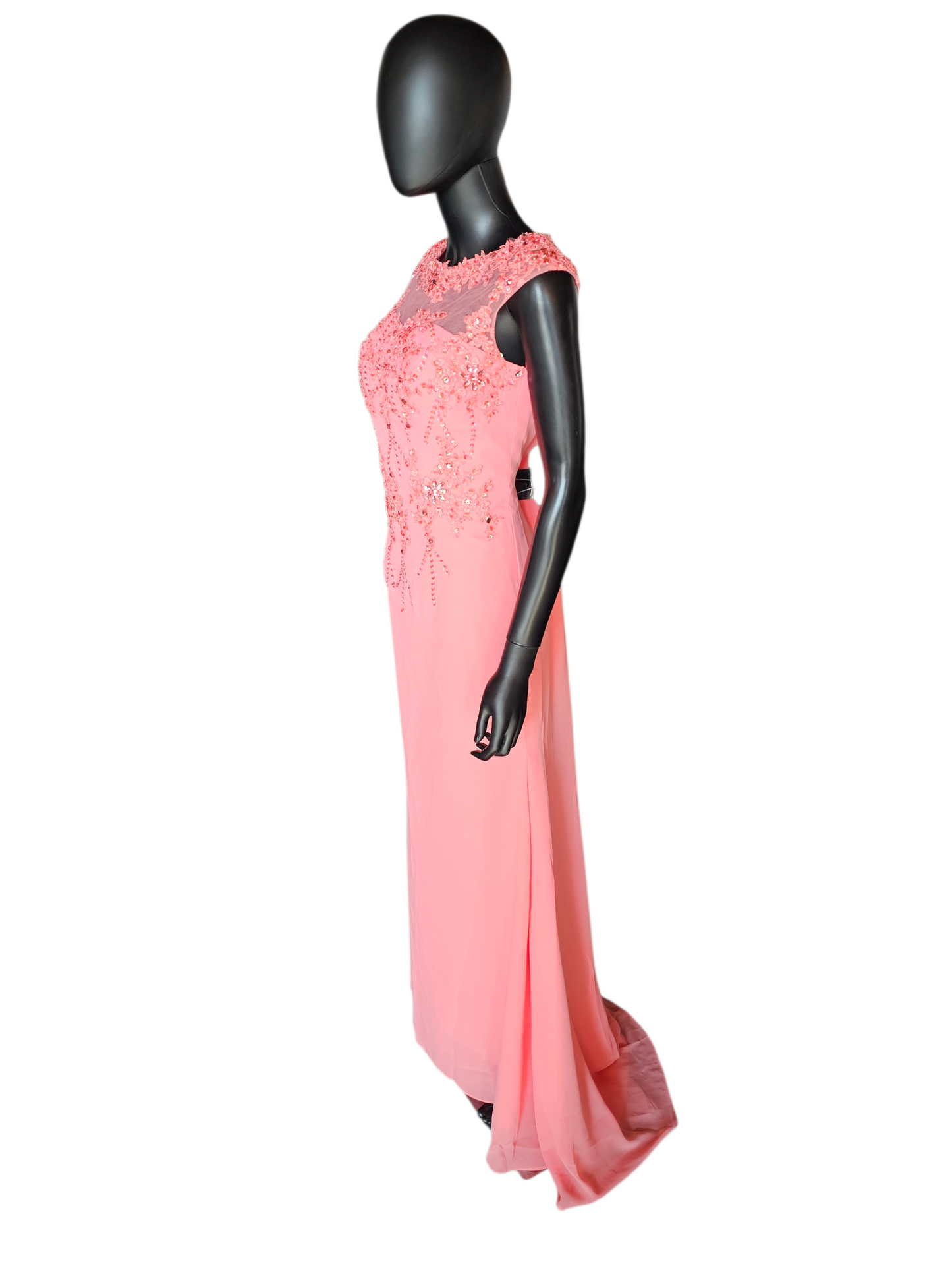 Coral Fitted Beaded Formal Maxi Dress - Hebeos