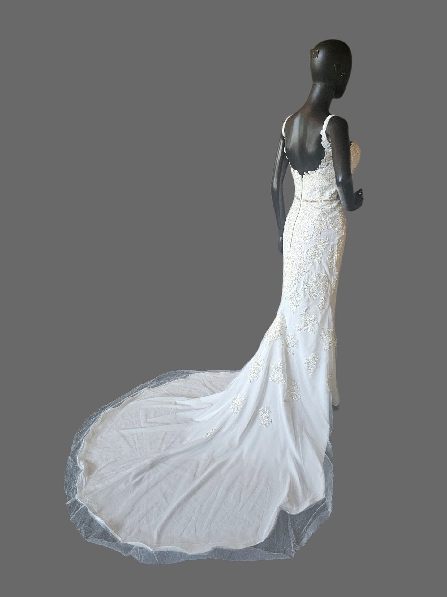 Lace V-Neck Belted Fit/Flare Wedding Gown - DaVinci