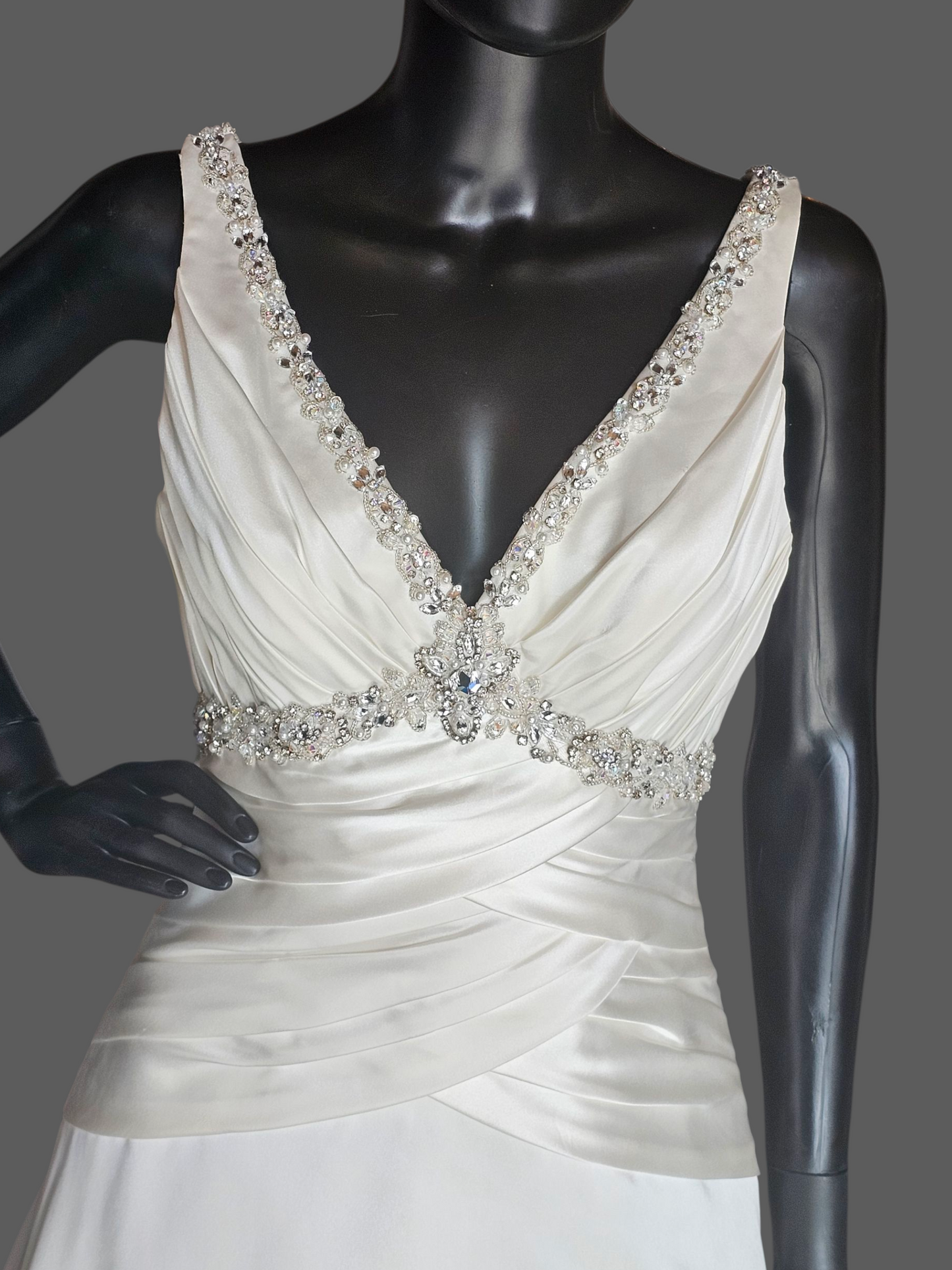 Ivory Satin V-Neck Jewel Detail A-Line Wedding Gown - Mori Lee